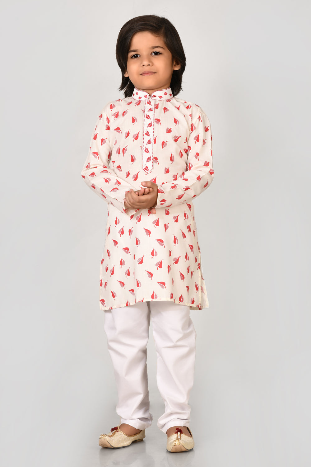 Boy Boys Red Printed Cotton Kurta Set With Stylish Embroidered Collar