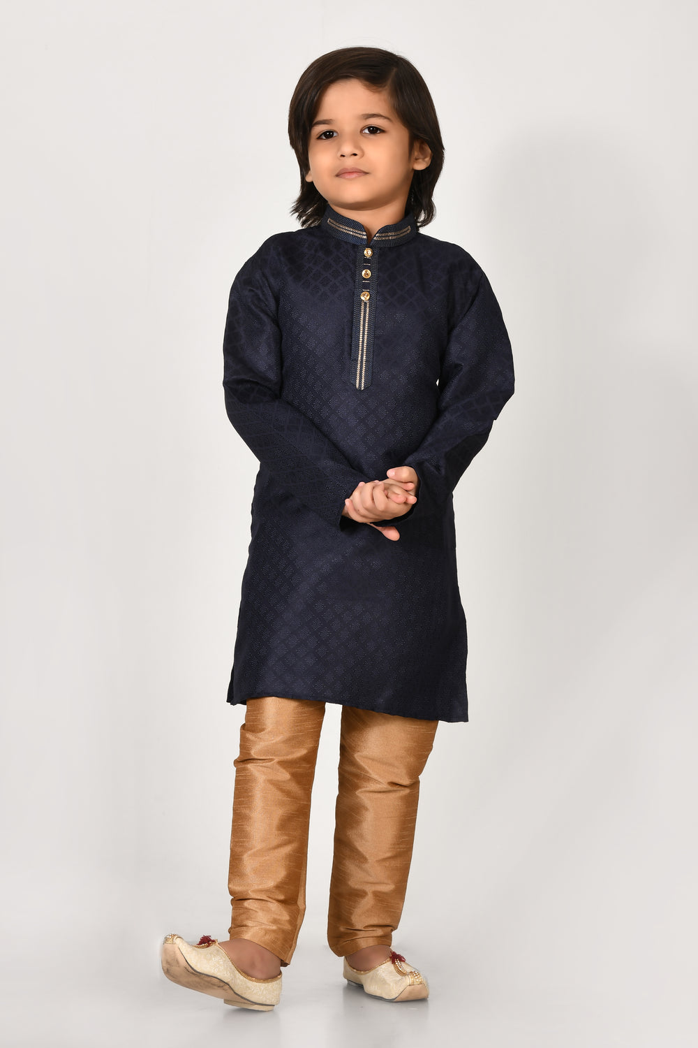 Boy Navy Blue Art Silk Kurta And Pyjama Set
