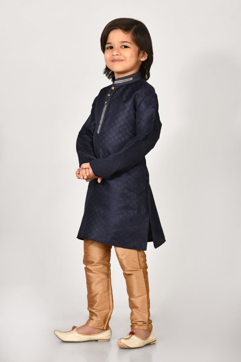 Boy Navy Blue Art Silk Kurta And Pyjama Set