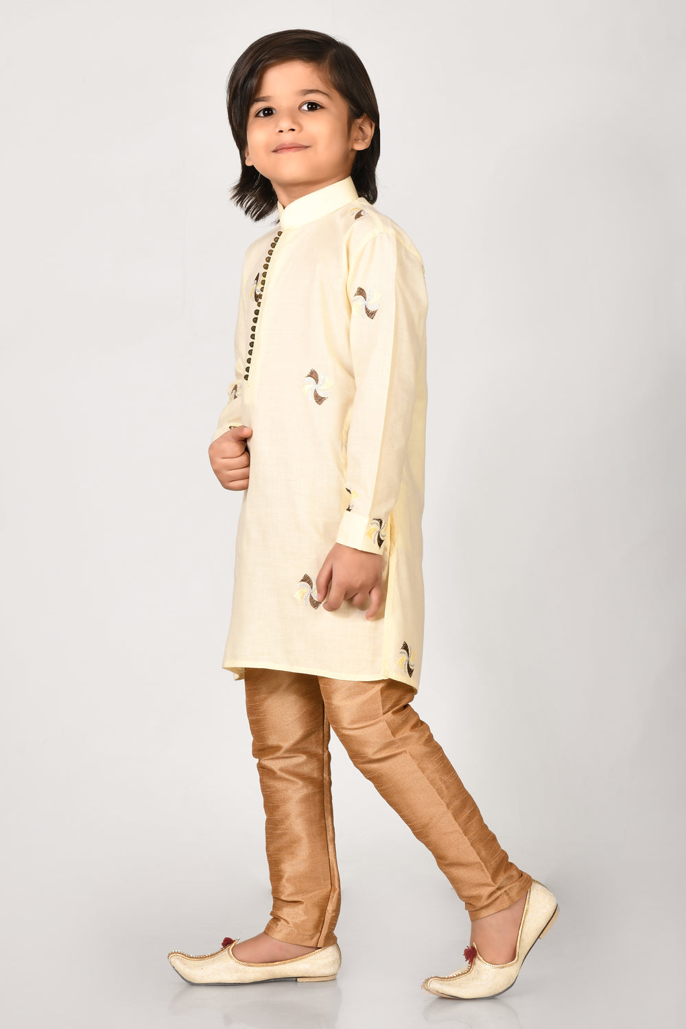 Boy Lemon Colour Cotton Embroidery Work, Kurta Pyjama Set
