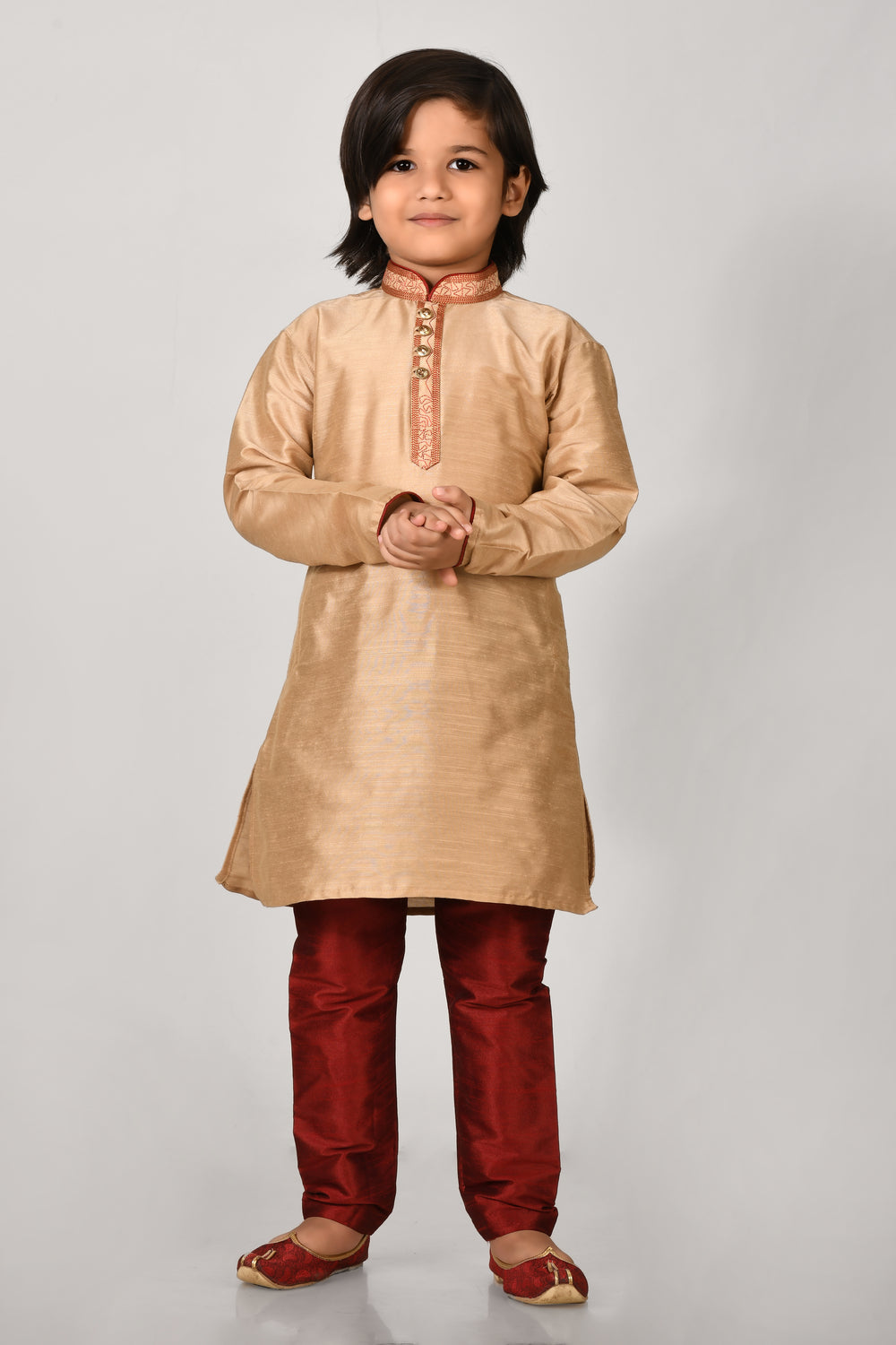 Boy Gold Colour Mulbary Slik With Stylish Collar Kurta Pyjama Set