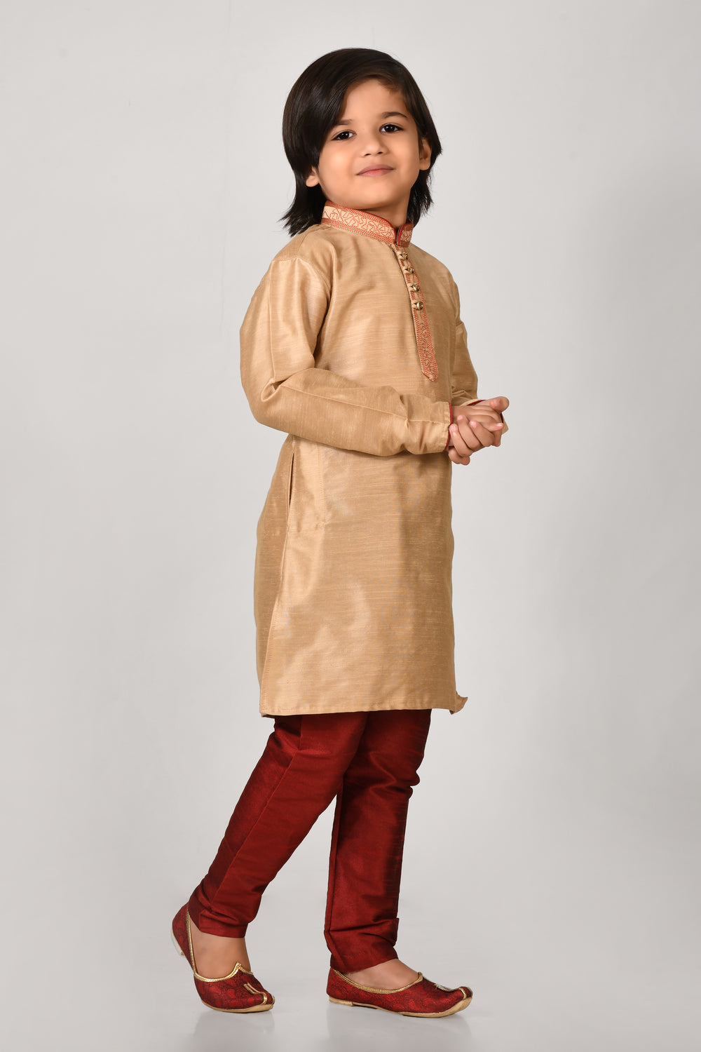 Boy Gold Colour Mulbary Slik With Stylish Collar Kurta Pyjama Set