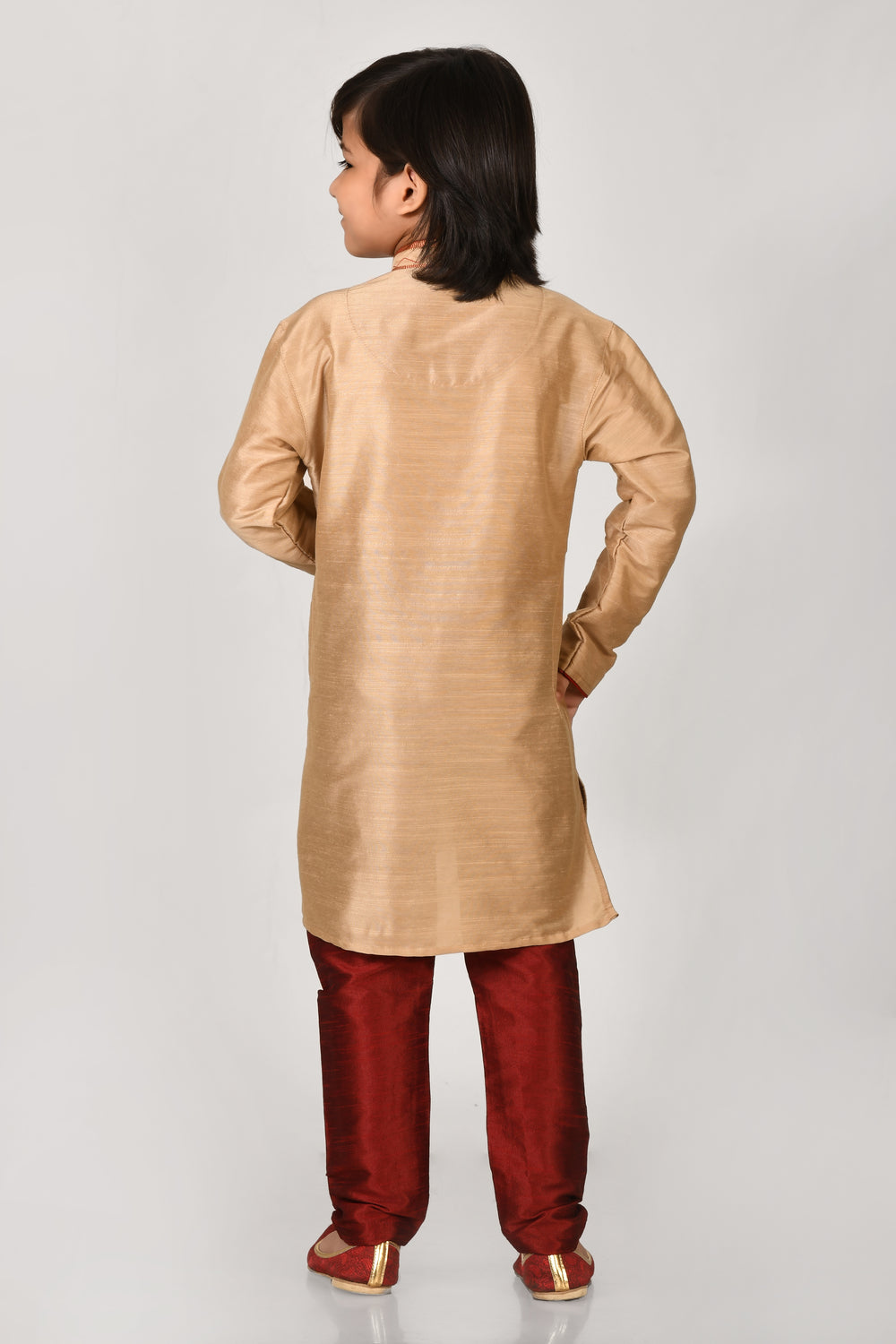 Boy Gold Colour Mulbary Slik With Stylish Collar Kurta Pyjama Set