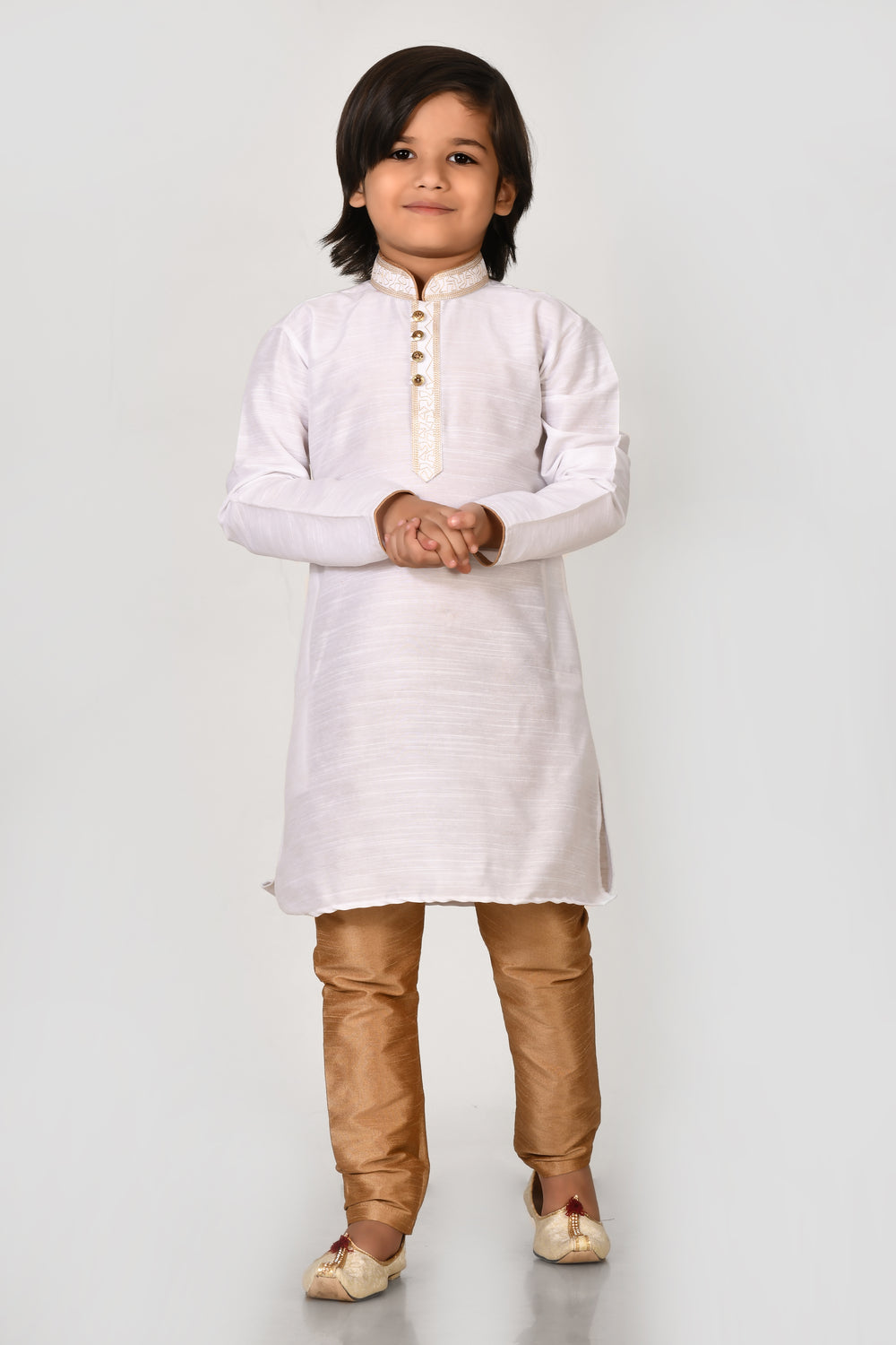 Boy White Colour Mulbary Slik With Stylish Collar Kurta Pyjama Set