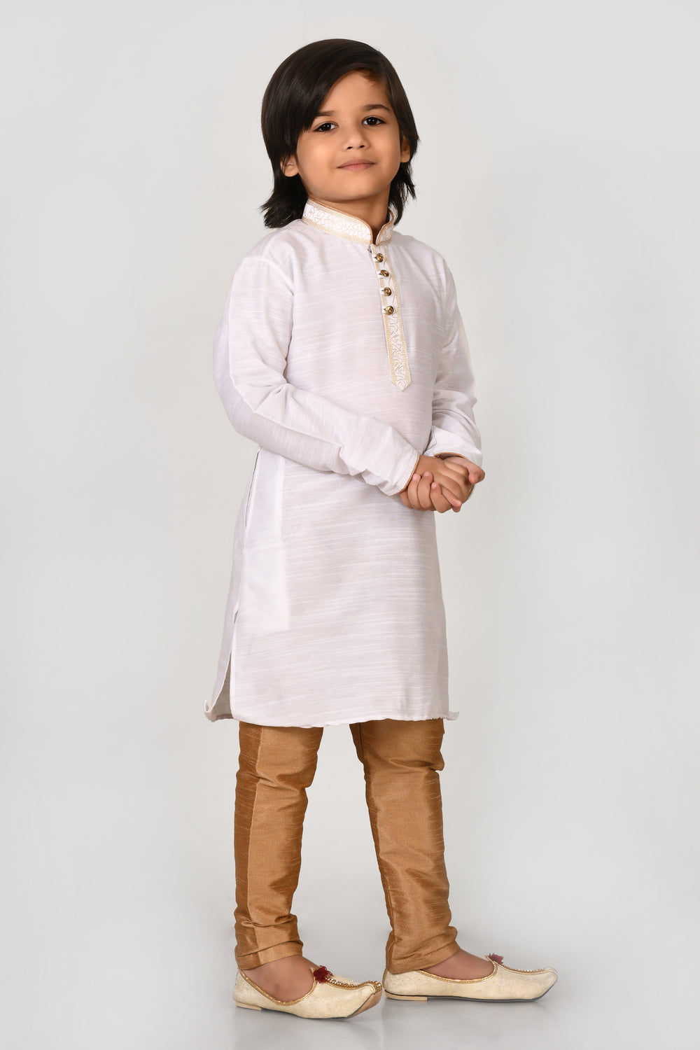 Boy White Colour Mulbary Slik With Stylish Collar Kurta Pyjama Set