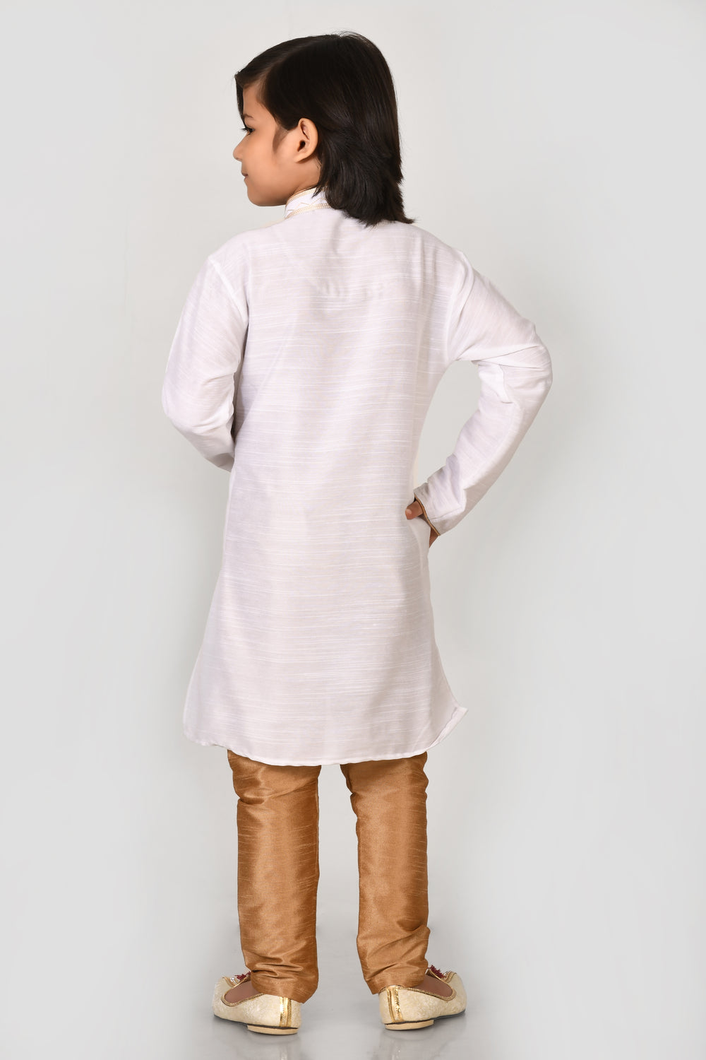 Boy White Colour Mulbary Slik With Stylish Collar Kurta Pyjama Set