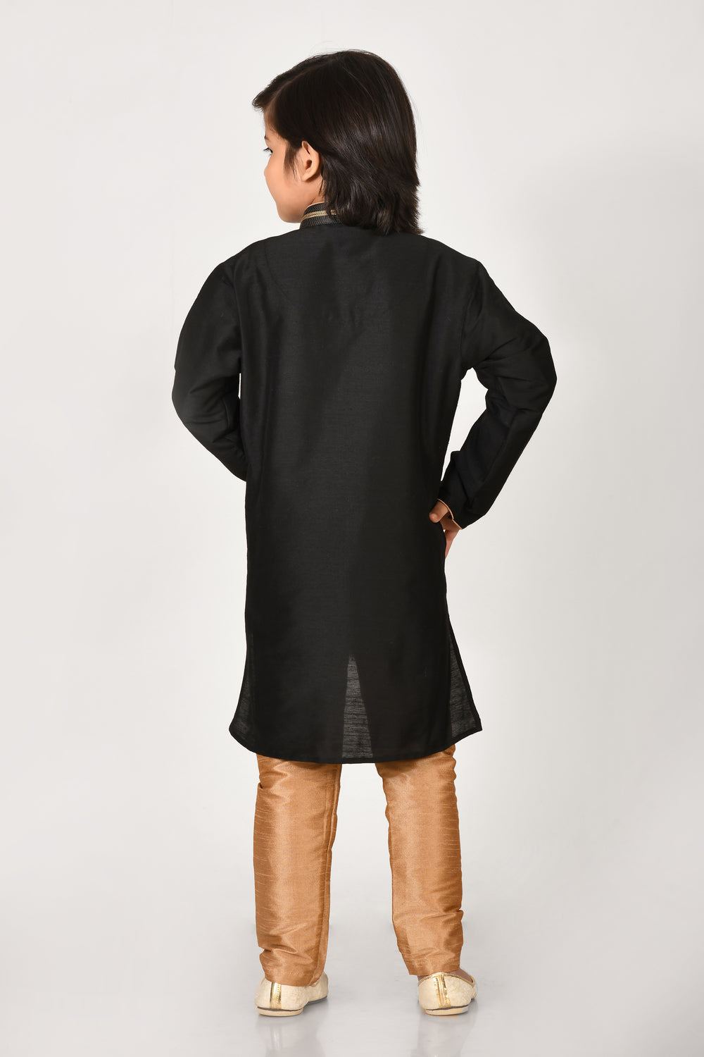 Boy Black Colour Cotton Silk Kurta Pyjama Set With Embroidered Coller