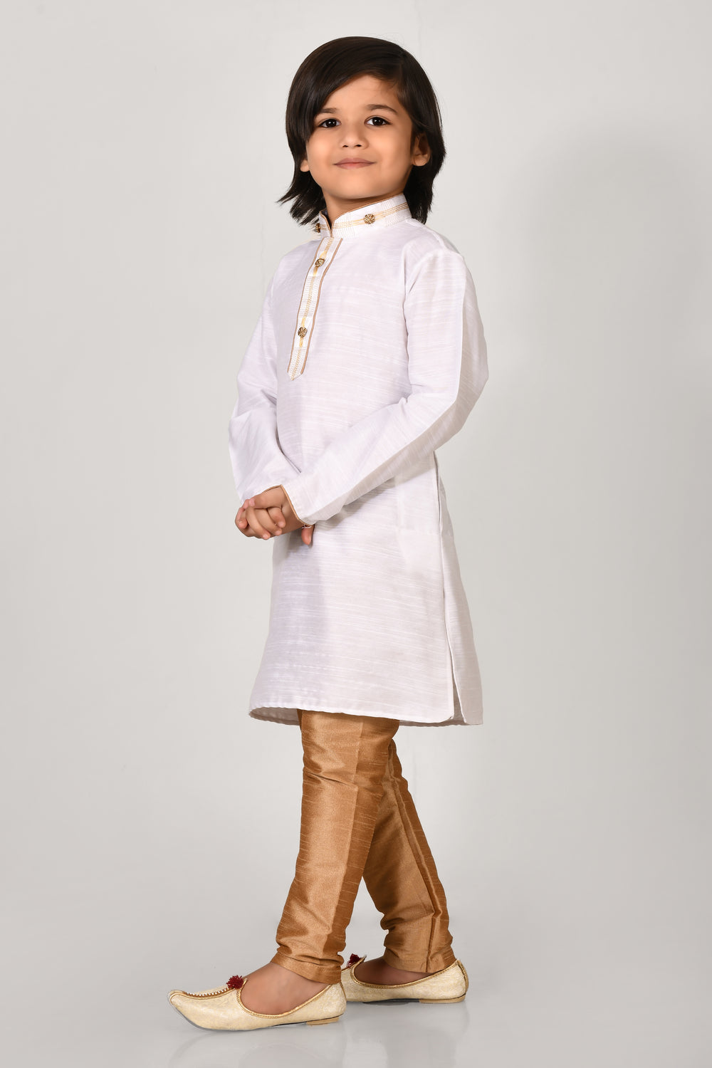 Boy White Colour Cotton Silk Kurta Pyjama Set With Embroidered Coller