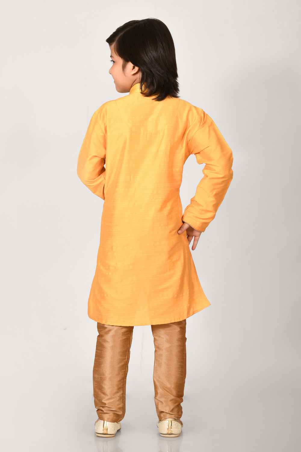 Boy Yellow Colour Cotton Silk Kurta Pyjama Set With Embroidered Coller