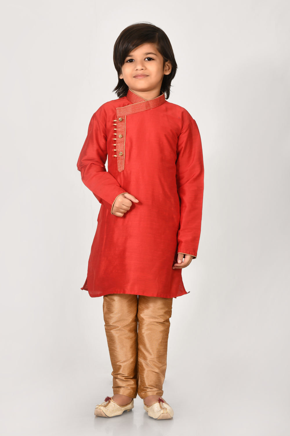 Boy Red Colour Mulbary Silk Angrakha Style Kurta Set