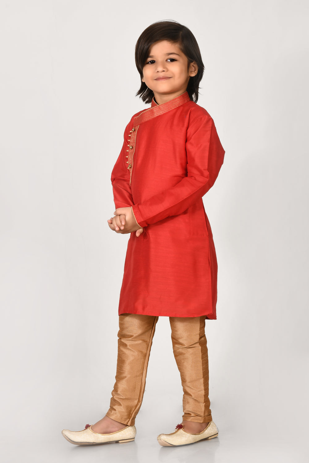 Boy Red Colour Mulbary Silk Angrakha Style Kurta Set