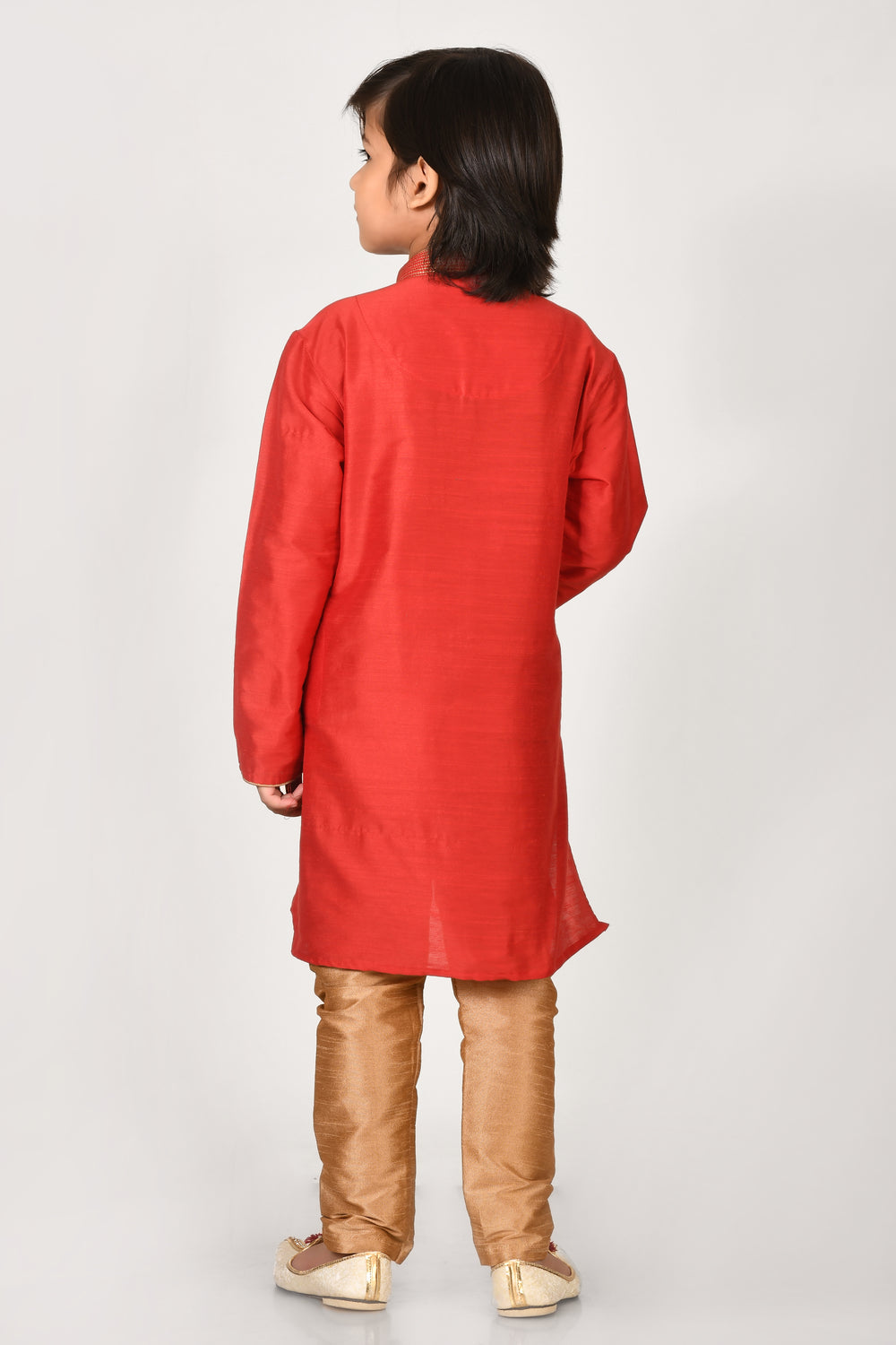 Boy Red Colour Mulbary Silk Angrakha Style Kurta Set