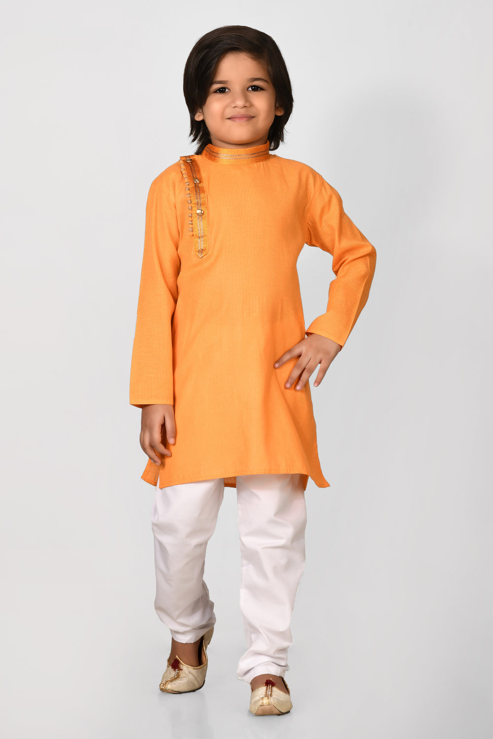 Boy Orange Colour Cotton Angrakha Style Kurta Set