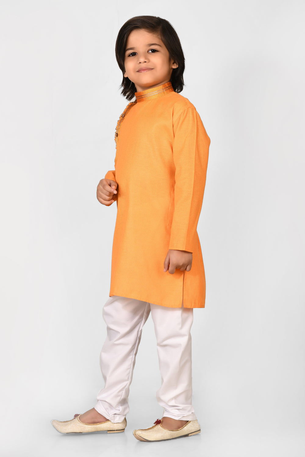 Boy Orange Colour Cotton Angrakha Style Kurta Set