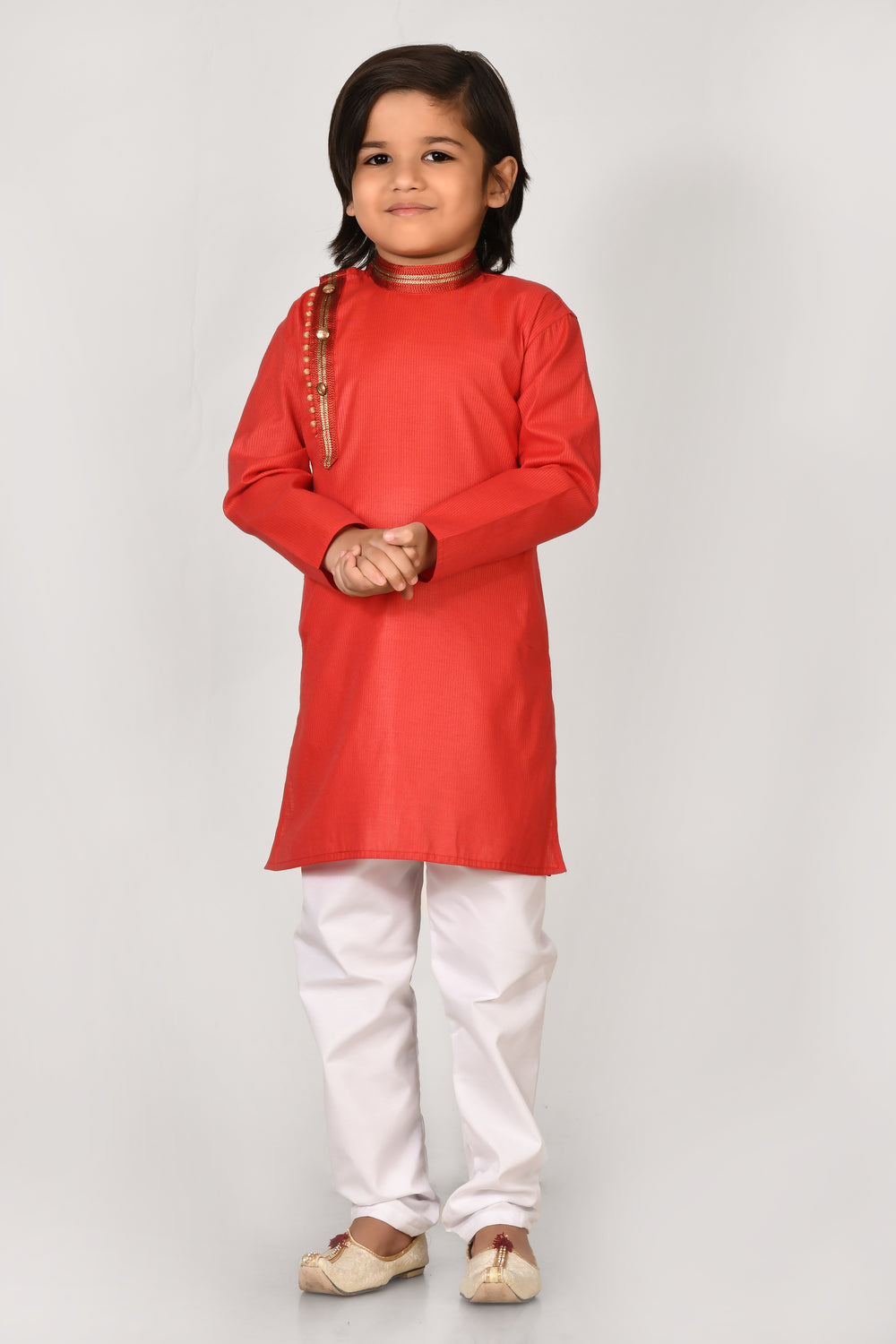 Boy Red Colour Cotton Angrakha Style Kurta Set
