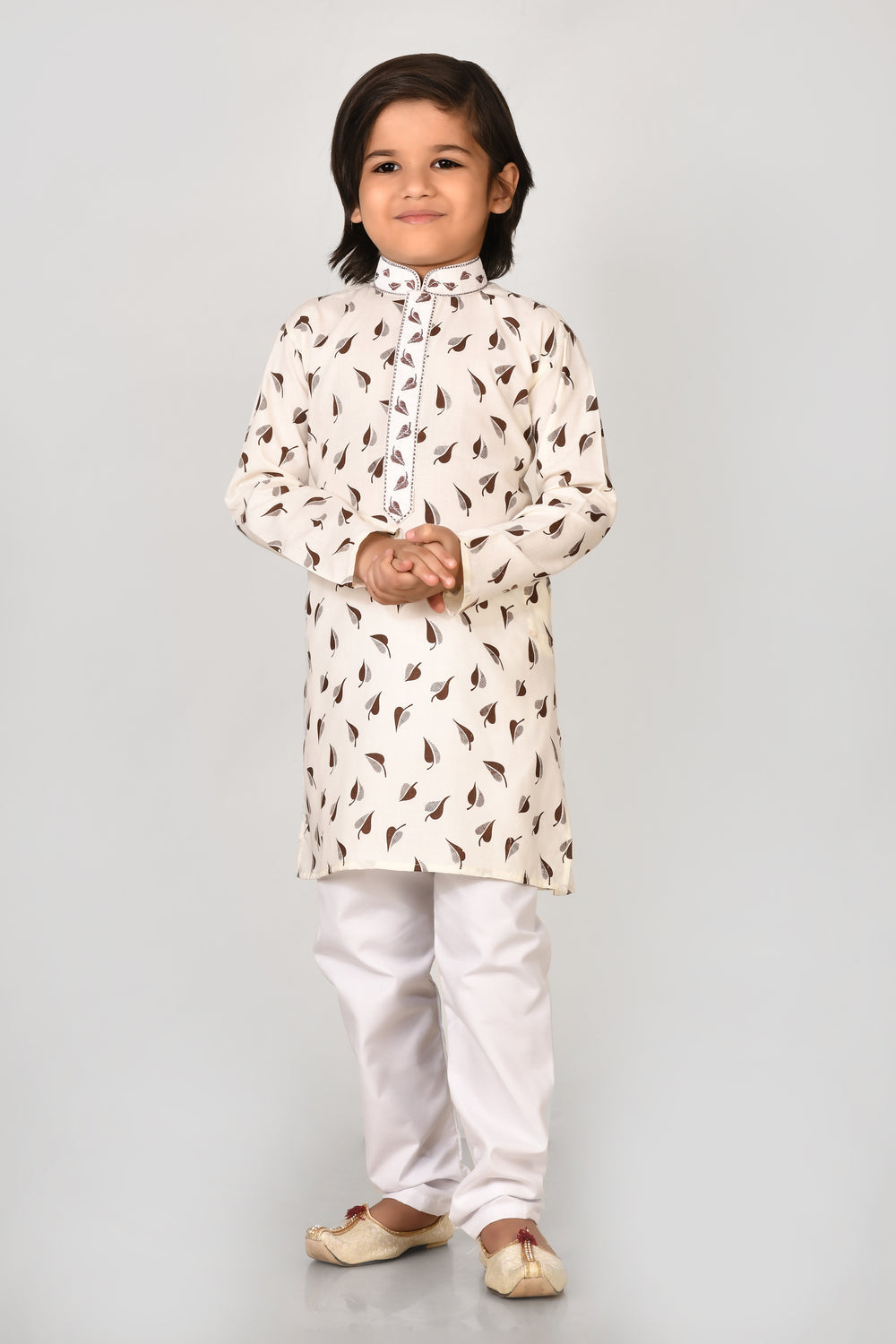 Boy Boys Brown Printed Cotton Kurta Set With Stylish Embroidered Collar