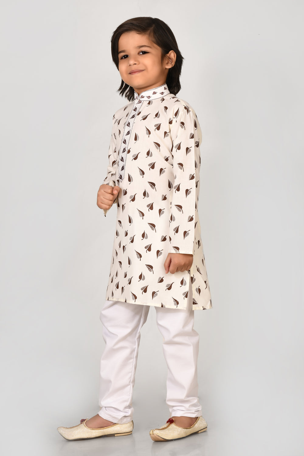 Boy Boys Brown Printed Cotton Kurta Set With Stylish Embroidered Collar