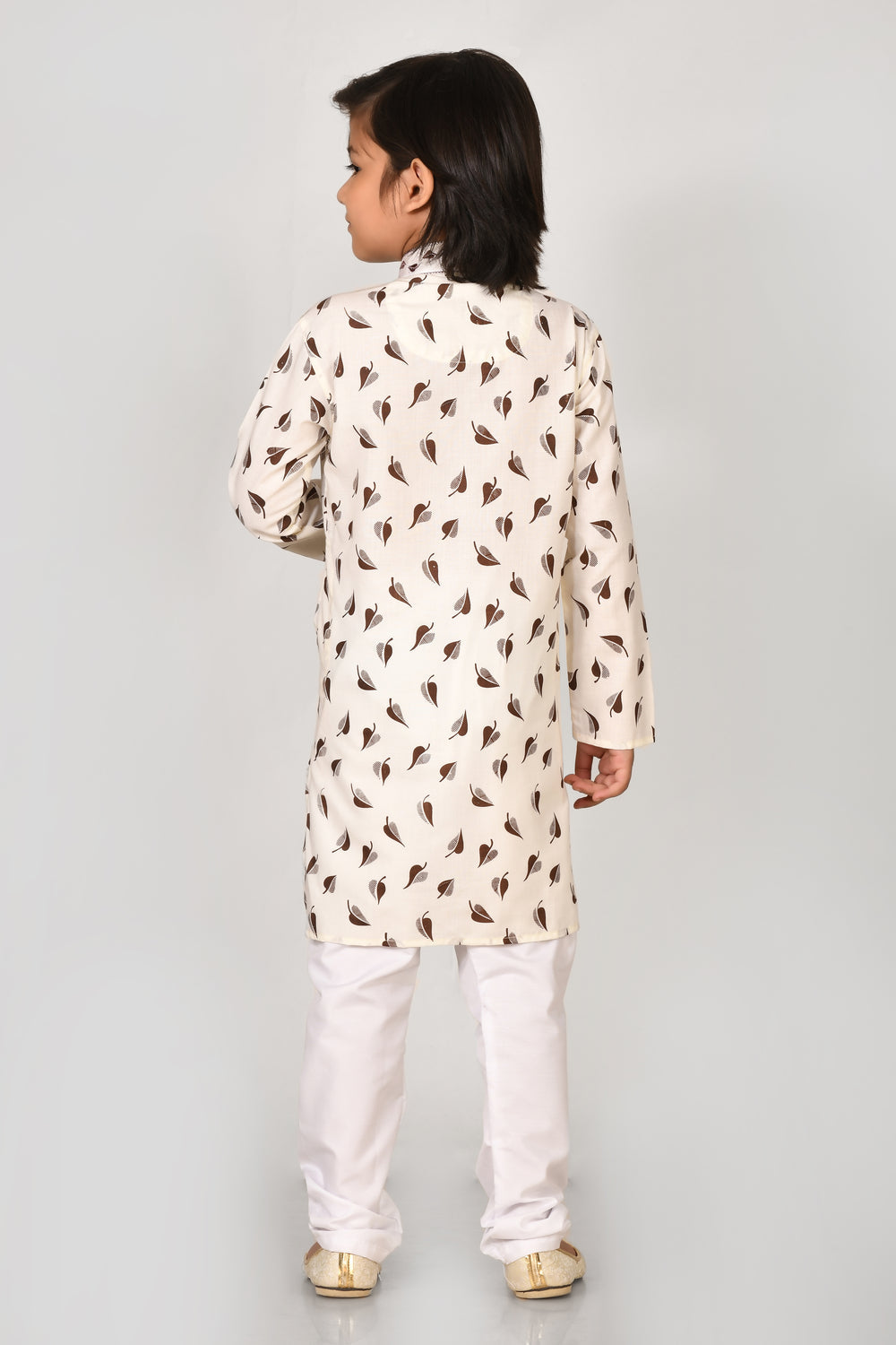 Boy Boys Brown Printed Cotton Kurta Set With Stylish Embroidered Collar