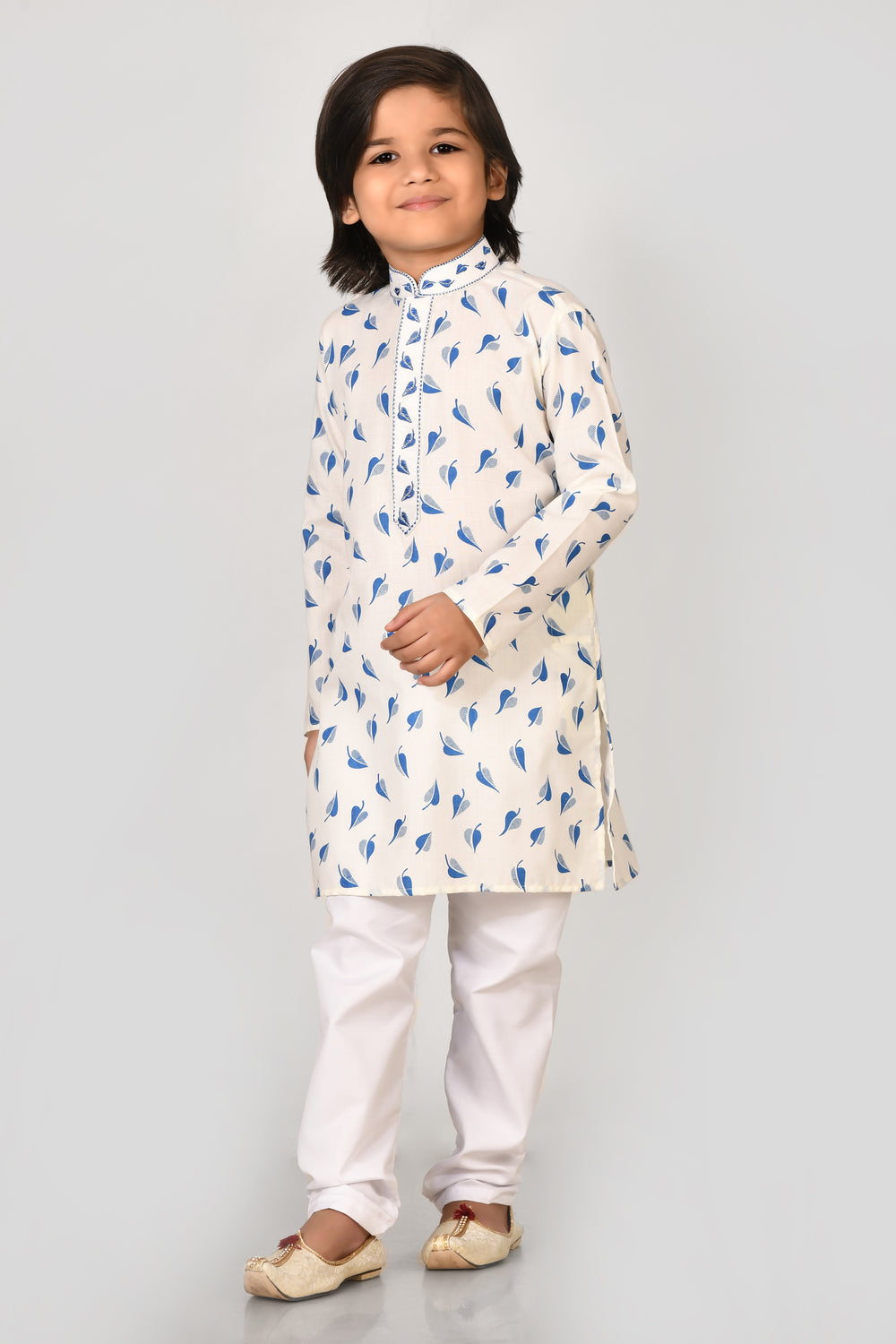 Boy Boys Blue Printed Cotton Kurta Set With Stylish Embroidered Collar