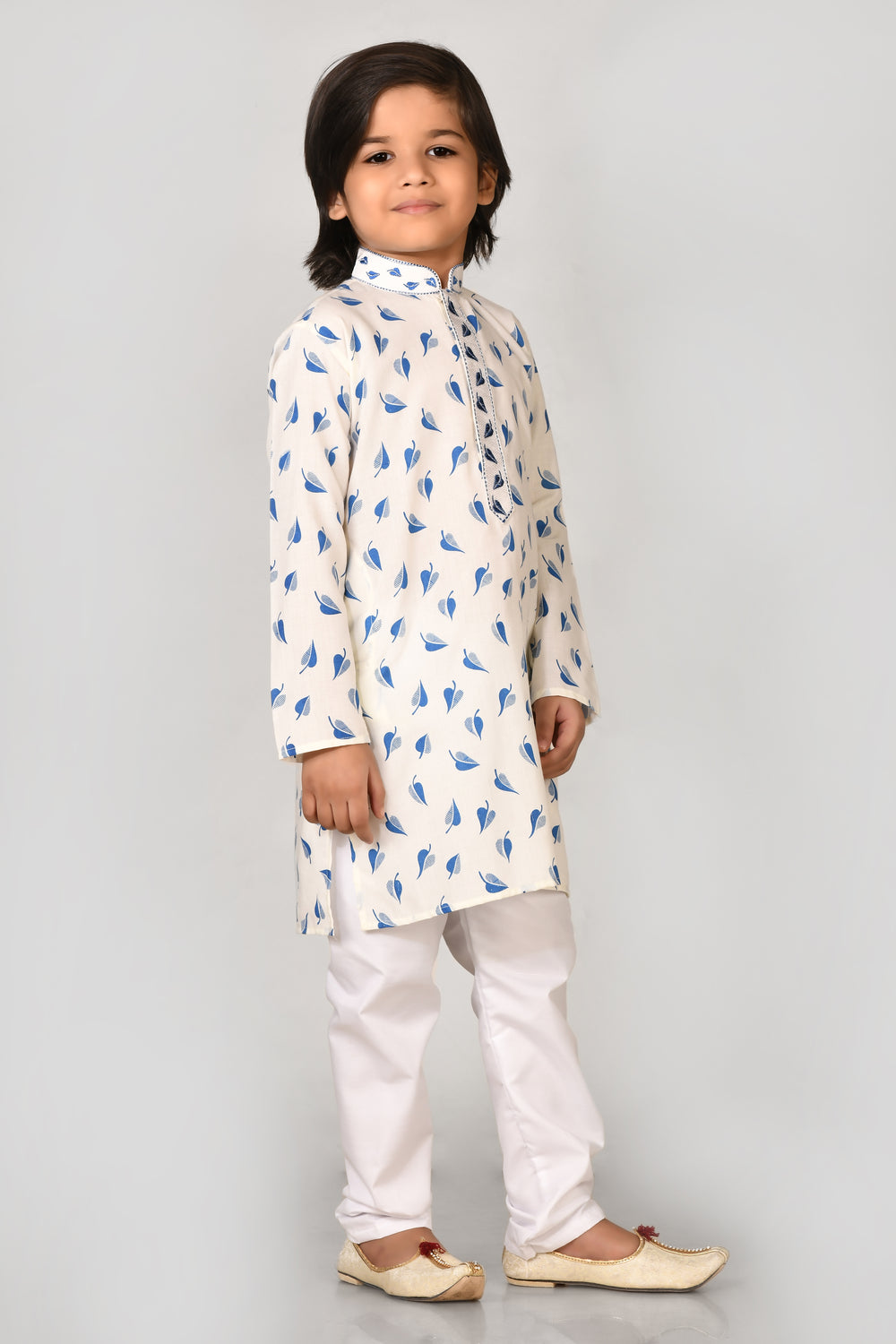 Boy Boys Blue Printed Cotton Kurta Set With Stylish Embroidered Collar