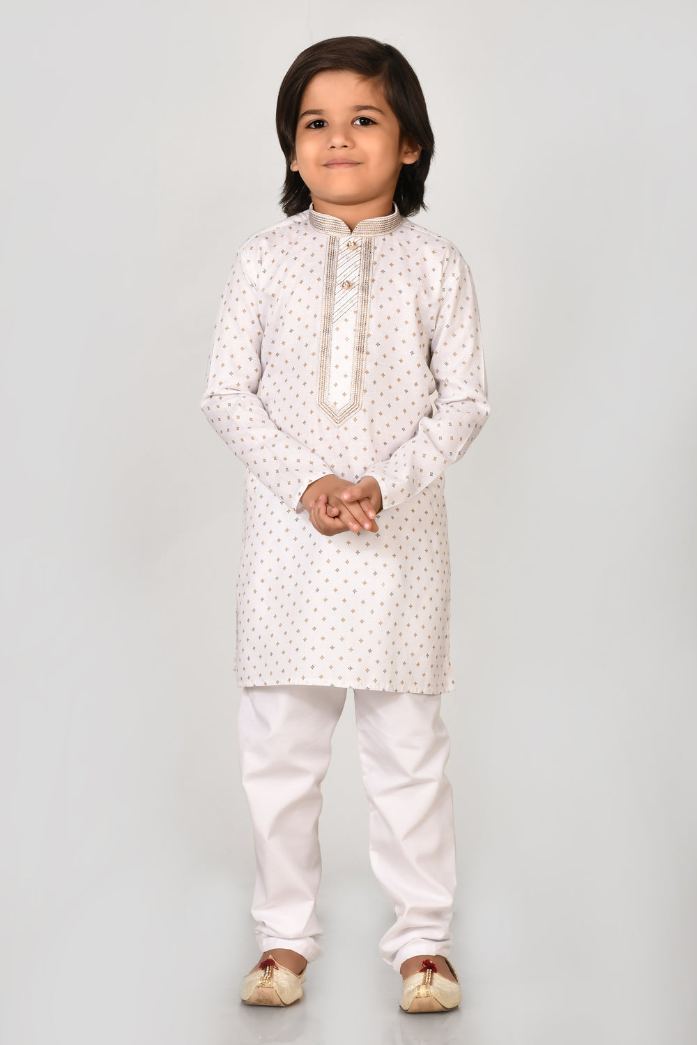Boy Brown Printed Cotton Kurta Set With Stylish Embroidered Collar