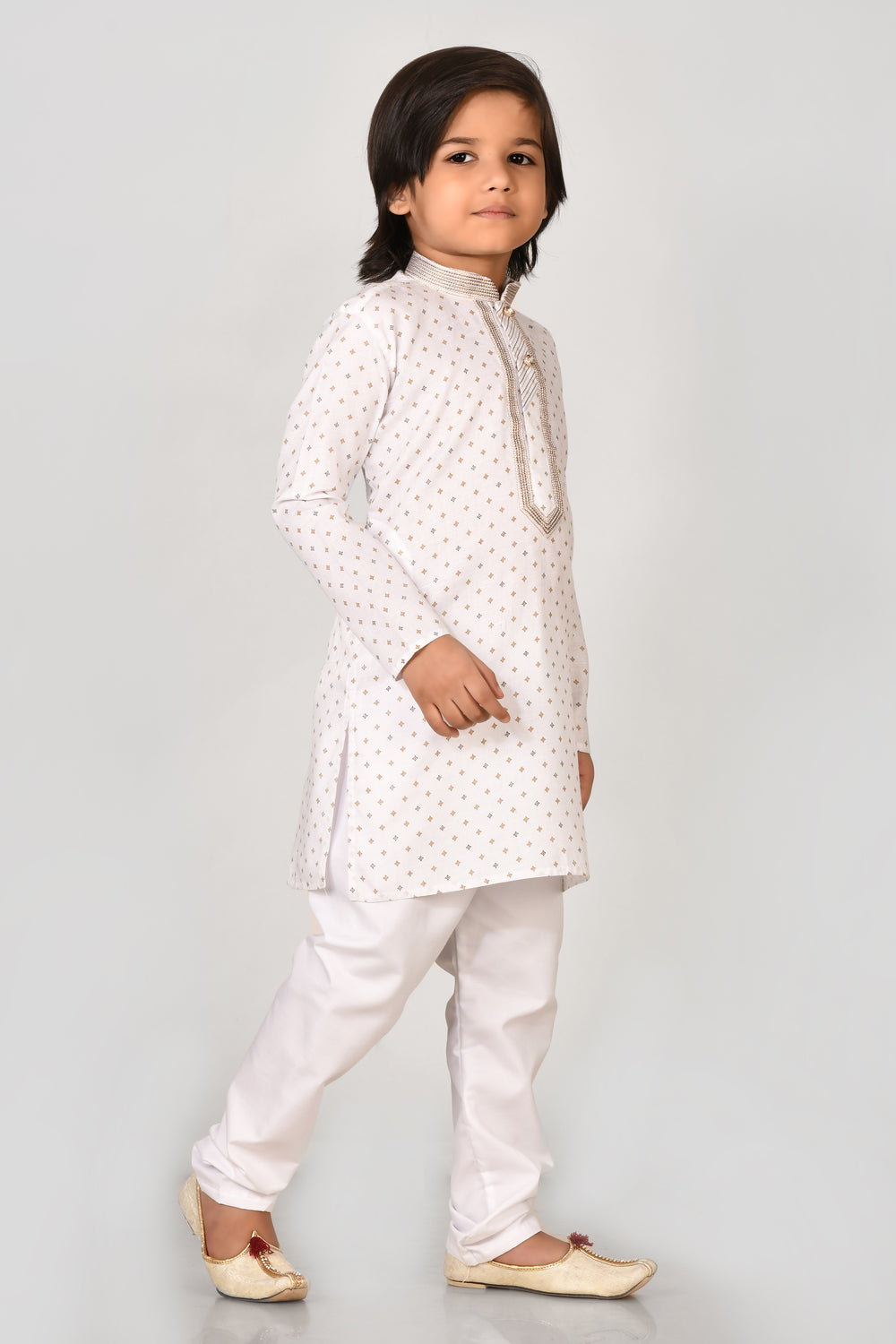 Boy Brown Printed Cotton Kurta Set With Stylish Embroidered Collar