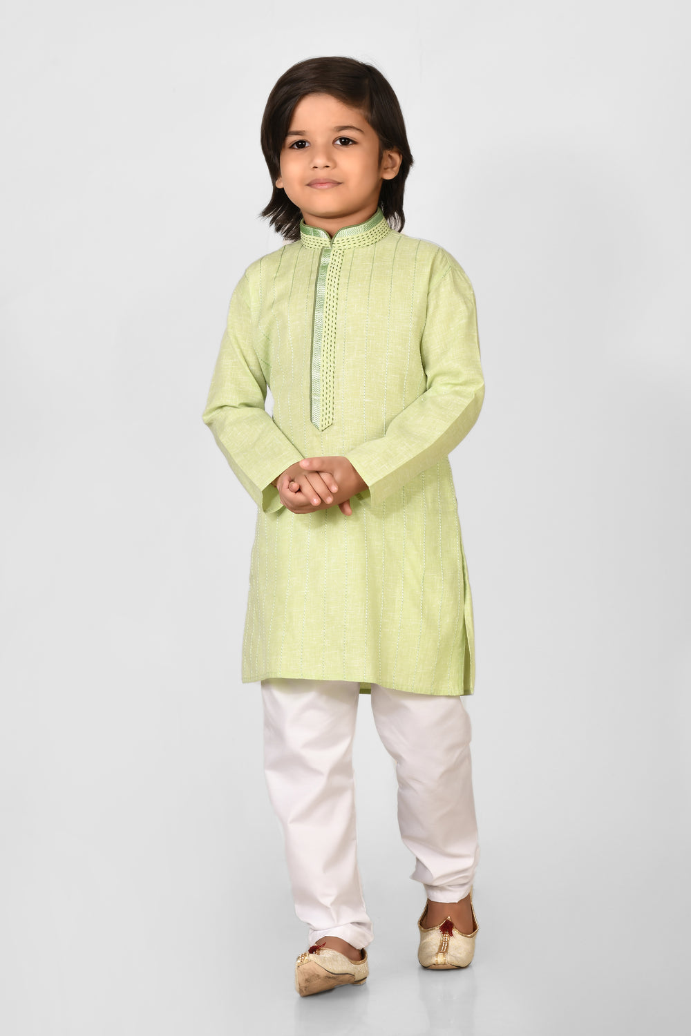 Boy Pista Colour Cotton Kurta Set For Kids With Hand Work