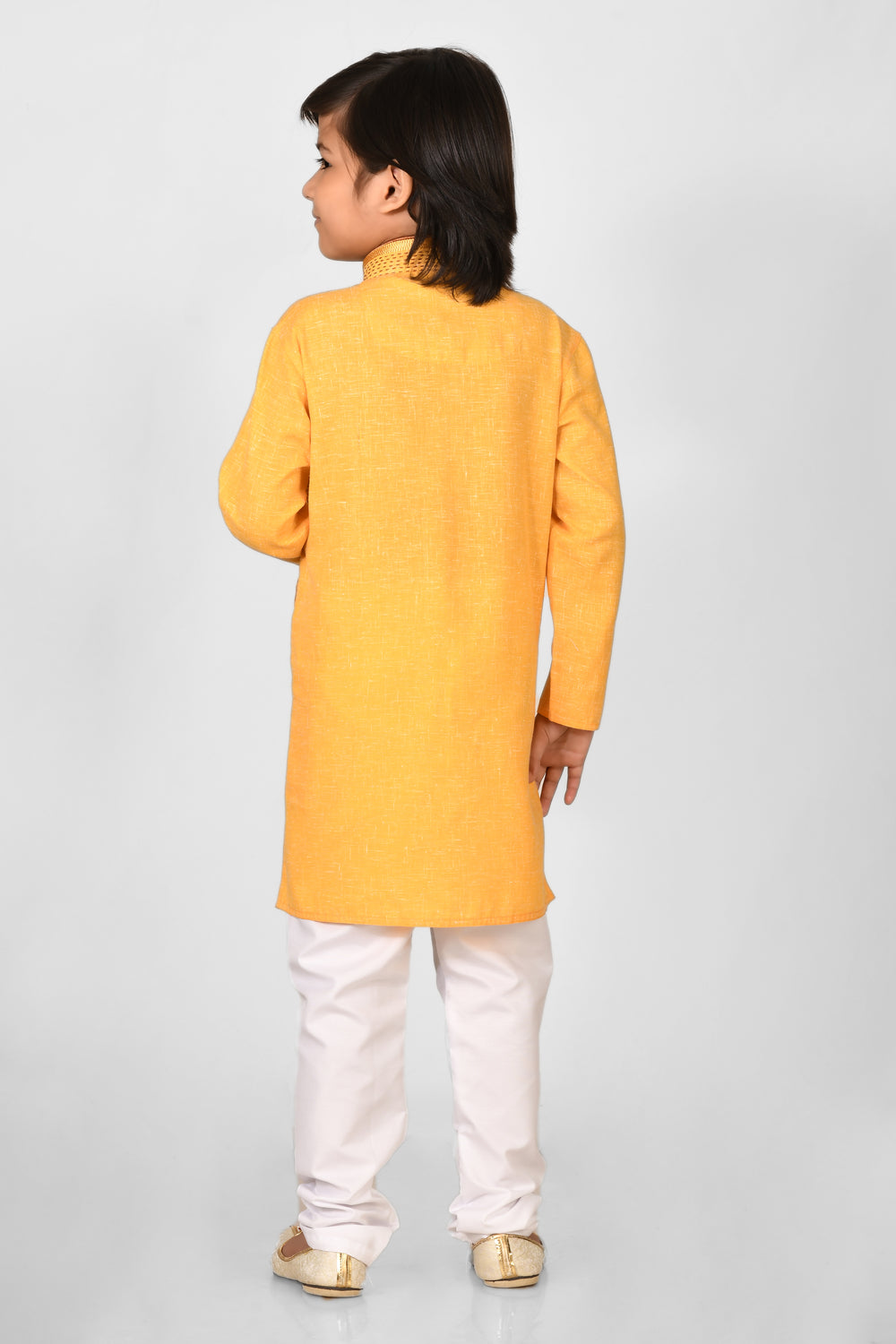 Boy Yellow Colour Cotton Kurta Set For Kids With Hand Work
