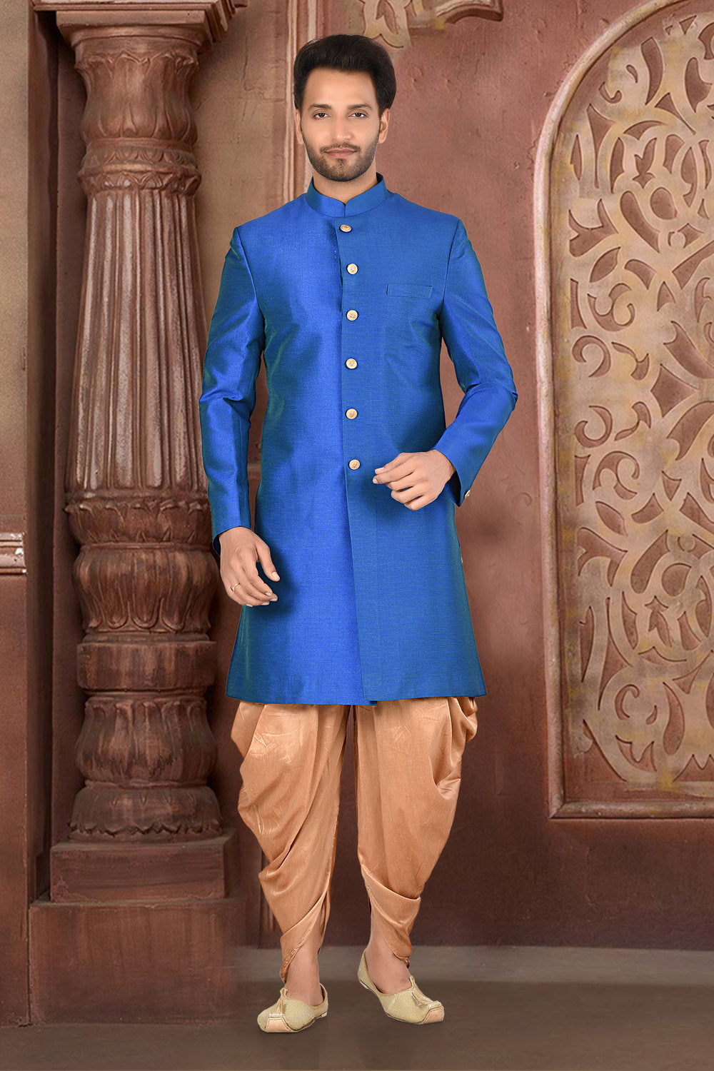Blue & Beige Colour Silk Fabric Plain Indo-Western