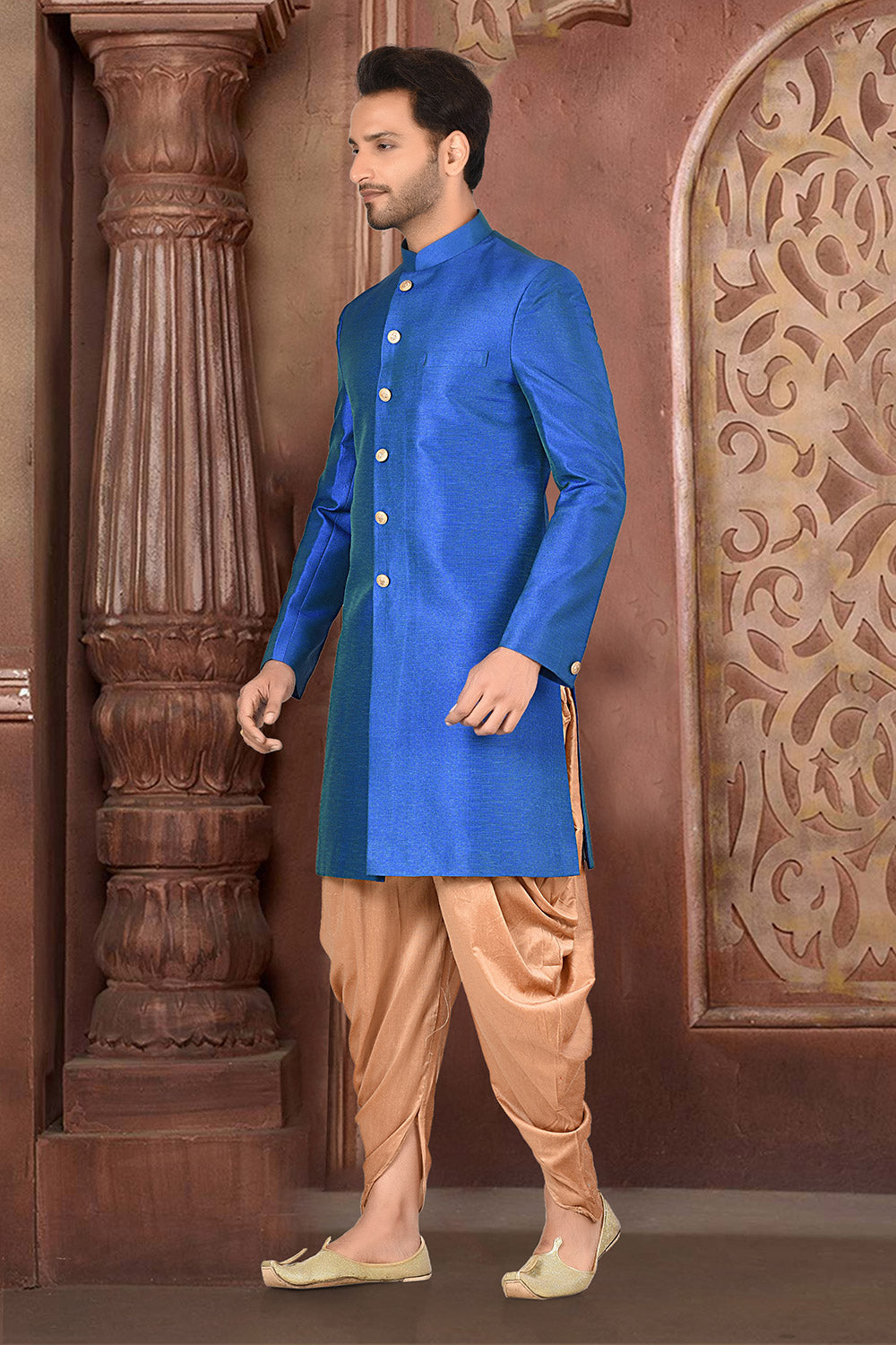 Blue & Beige Colour Silk Fabric Plain Indo-Western