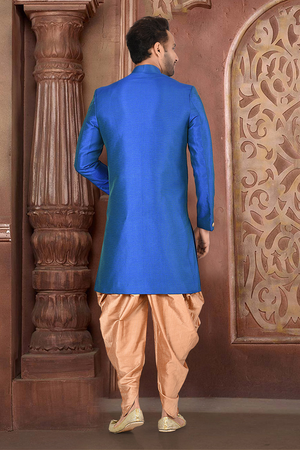 Blue & Beige Colour Silk Fabric Plain Indo-Western