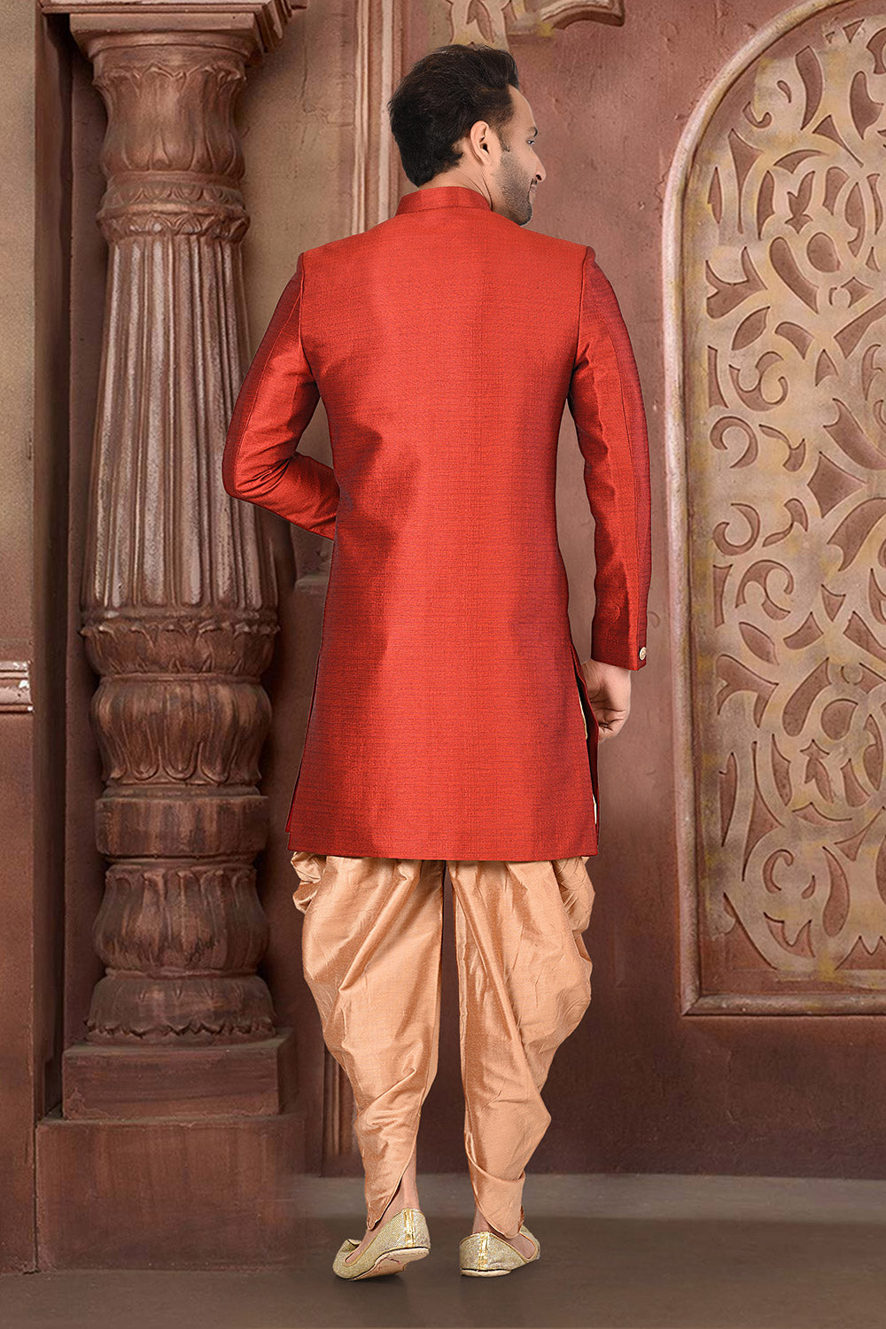 Red & Beige Colour Silk Fabric With Zardoshi Work Indo-Western