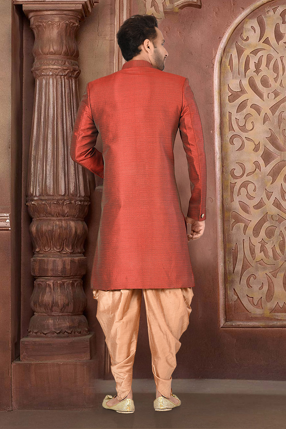 Maroon & Beige Colour Silk Fabric Plain Indo-Western