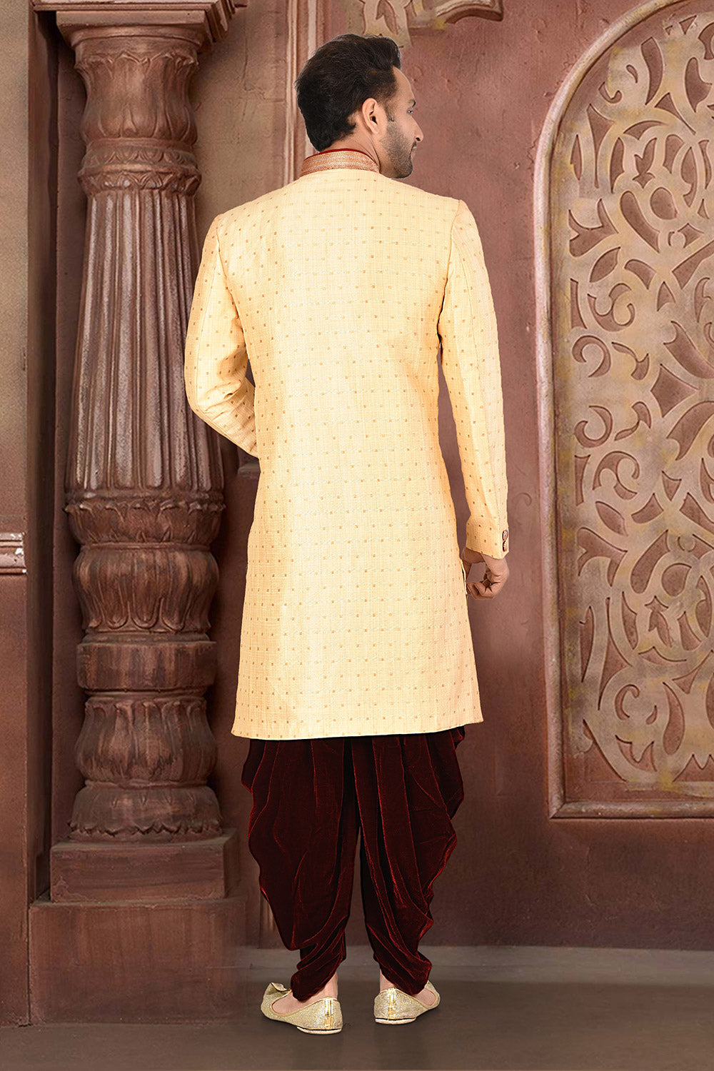 Cream & Maroon Colour Silk Fabric With Pattern Work Indowestern
