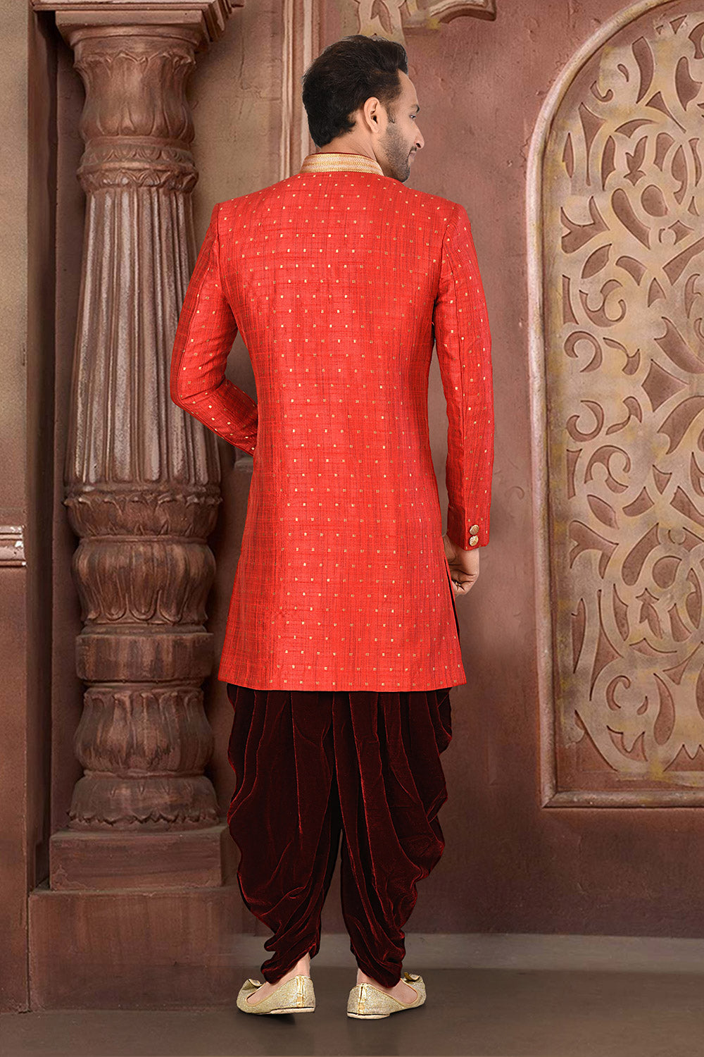 Red & Maroon Colour Silk Fabric With Pattern Work Indowestern