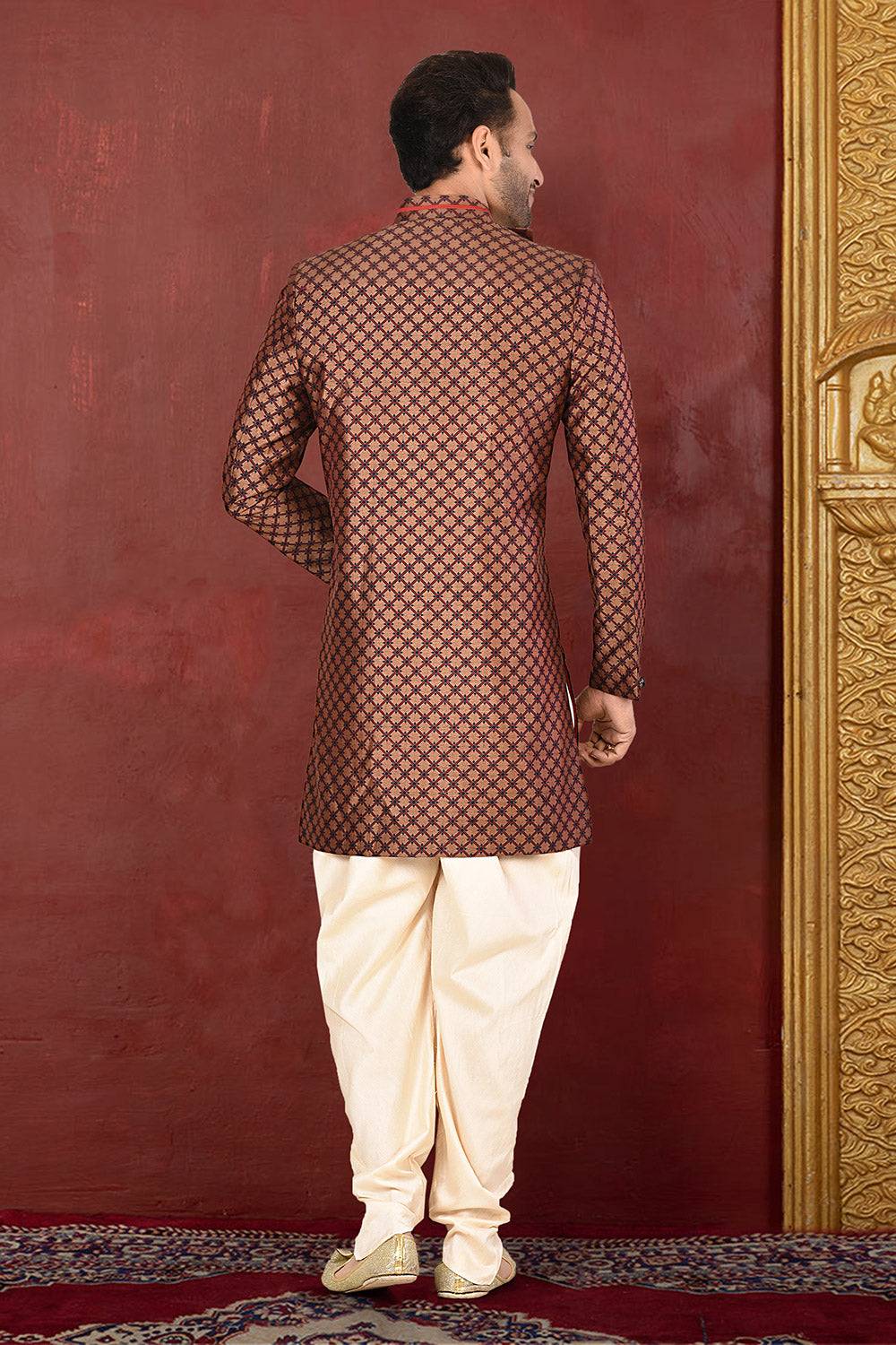 Brown & beige Colour Tissue Silk Fabric With Pattern Work Indowestern