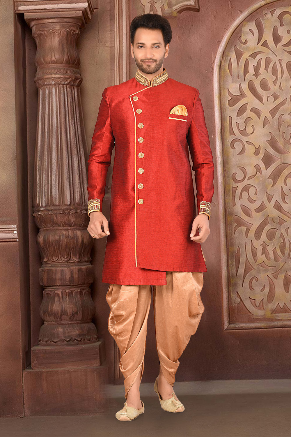 Red & Beige Colour Silk Fabric With Zardoshi Work Indo-Western