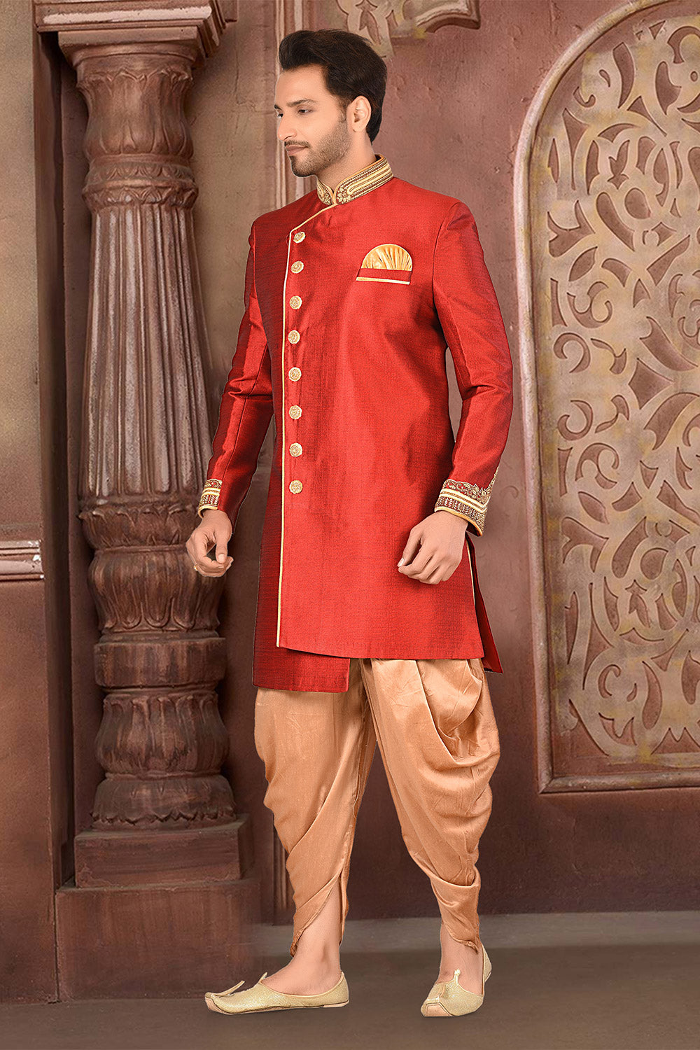 Red & Beige Colour Silk Fabric With Zardoshi Work Indo-Western
