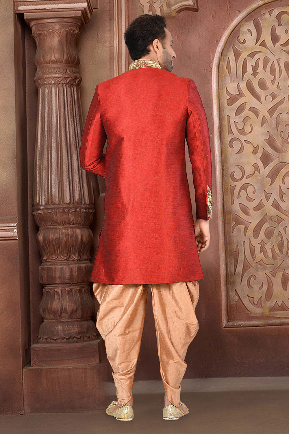 Red & Beige Colour Silk Fabric With Zardoshi Work Indo-Western