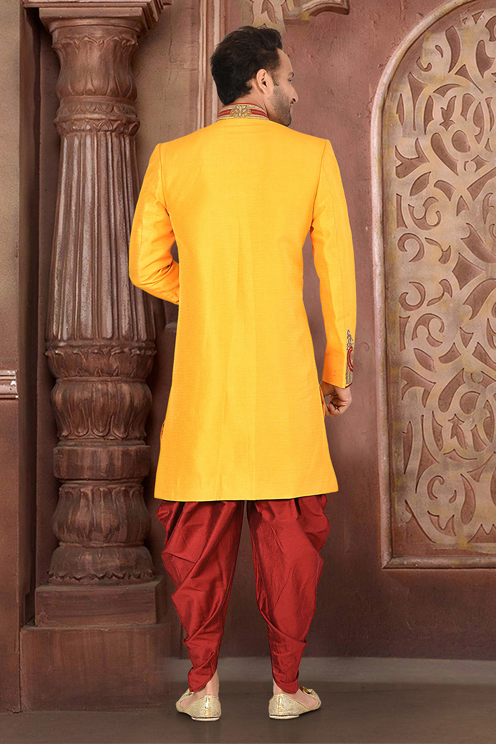 Yellow & Red Colour Silk Fabric With Zardoshi Work Indo-Western