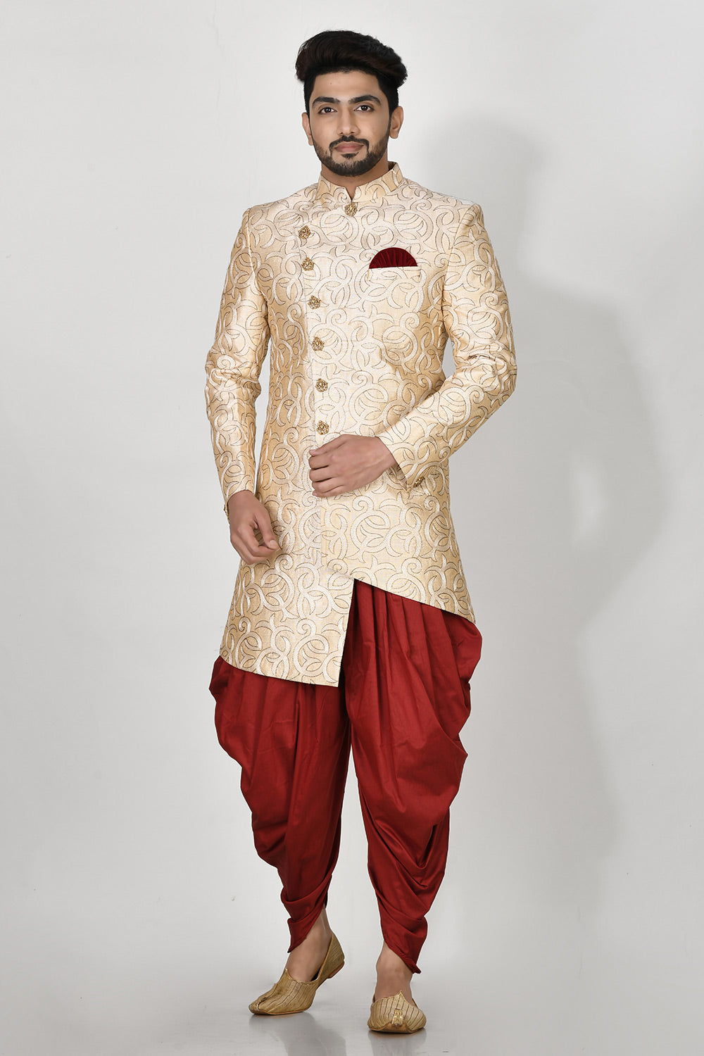 Biscuite Colour Silk Fabric With Resham & Zari Work Indowestern