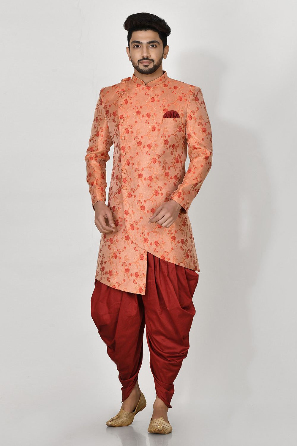 Orange Colour Jacquard Fabric With Resham & Zari Work Indowestern