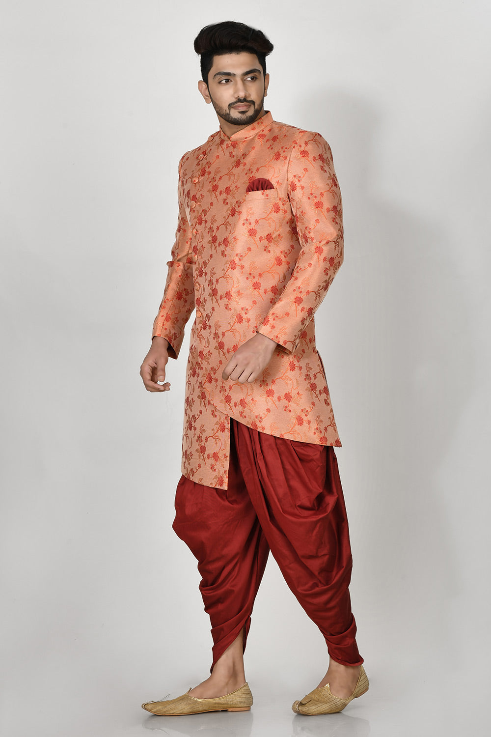 Orange Colour Jacquard Fabric With Resham & Zari Work Indowestern