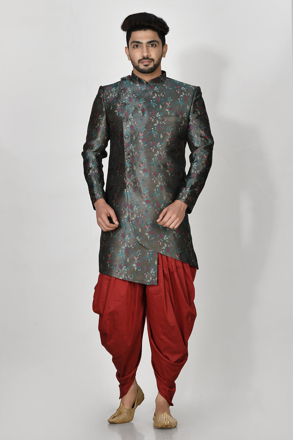 Rama Green Colour Jacquard Fabric With Resham & Zari Work Indowestern