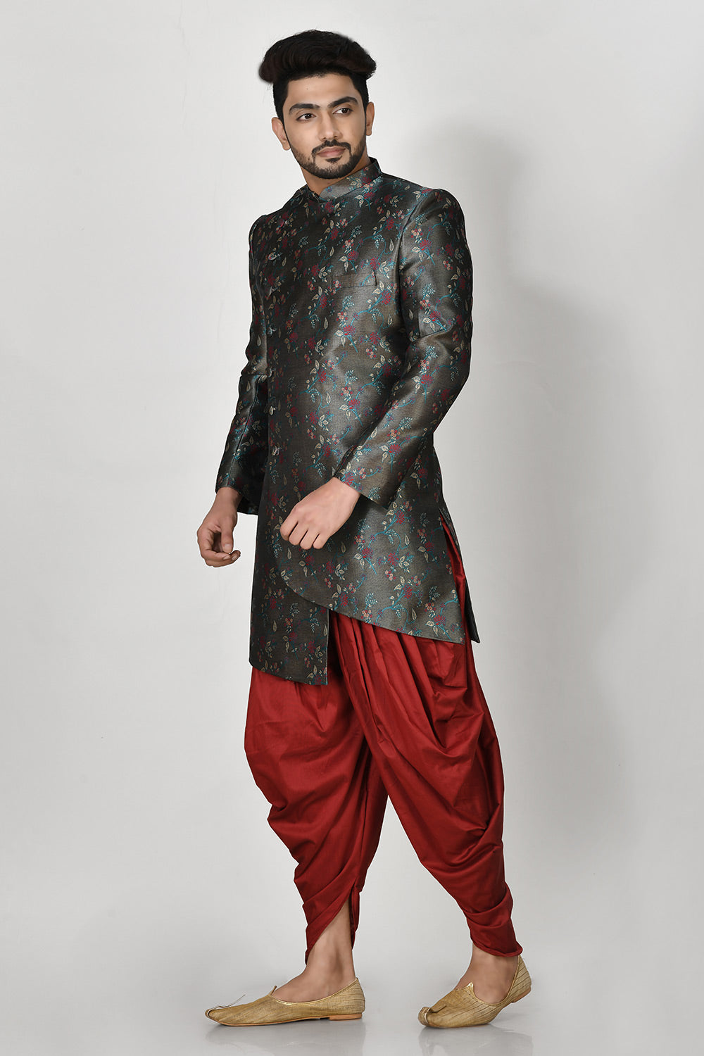 Rama Green Colour Jacquard Fabric With Resham & Zari Work Indowestern