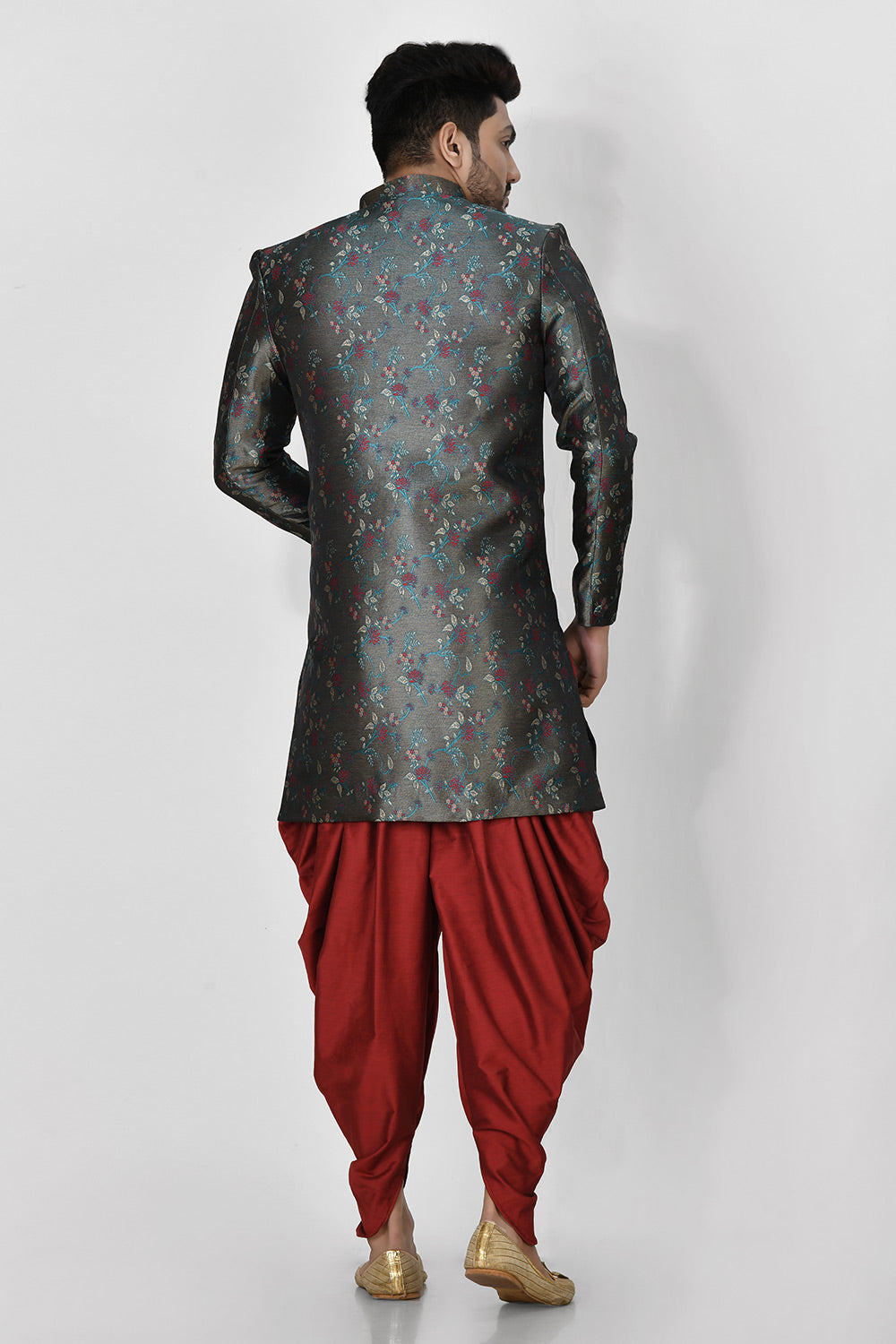 Rama Green Colour Jacquard Fabric With Resham & Zari Work Indowestern