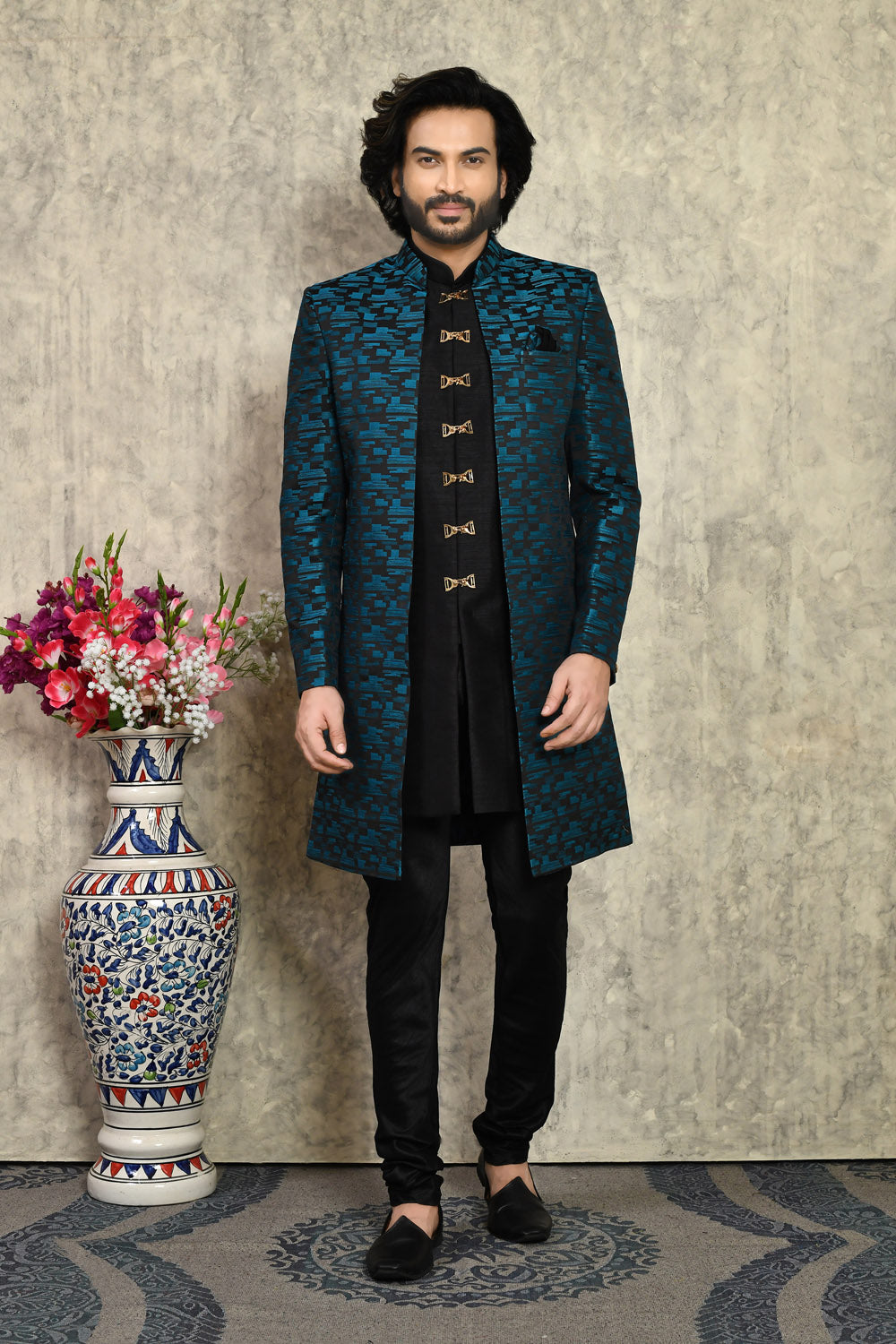 Teal Colour Art Silk Fabric Woven Indo Western