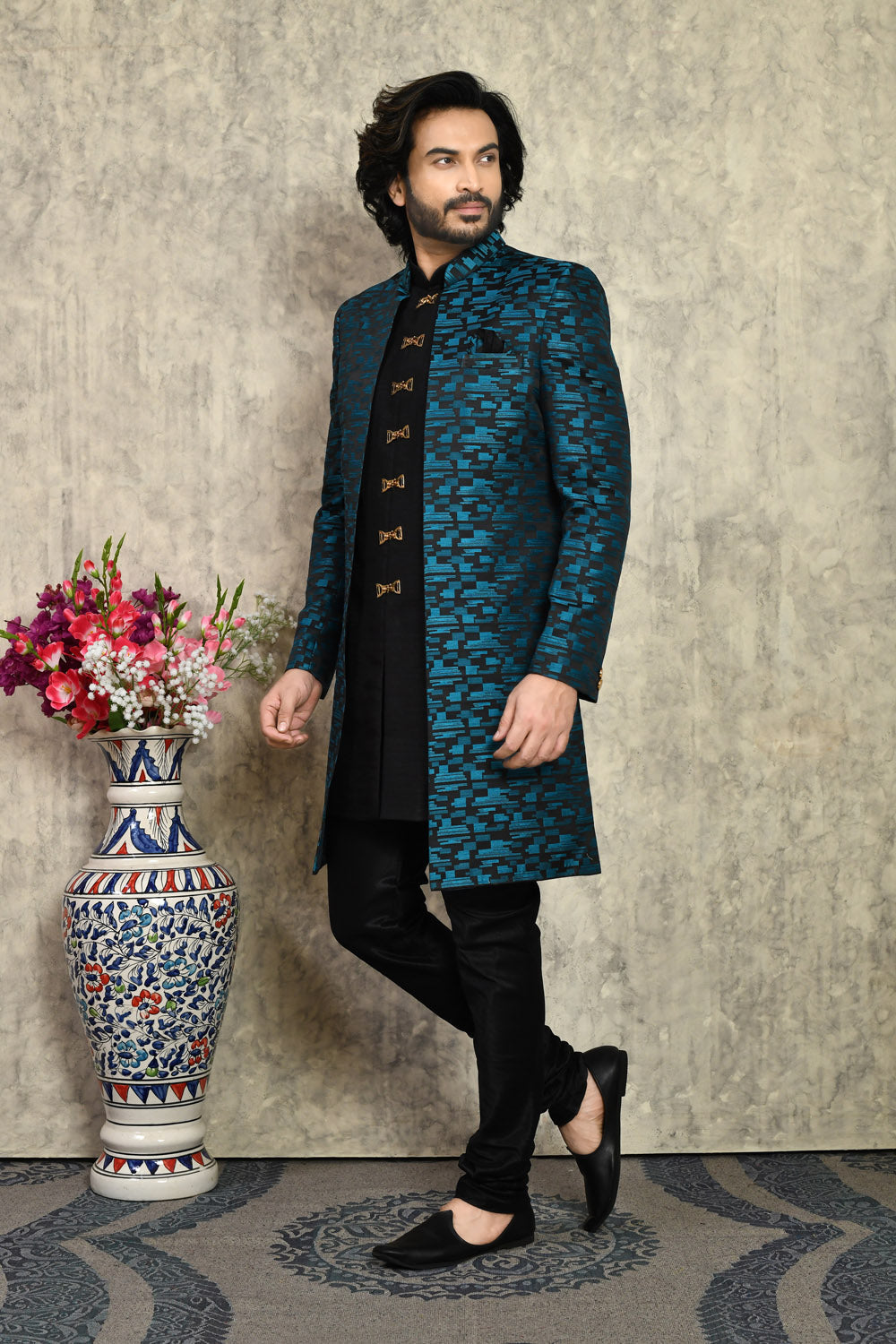 Teal Colour Art Silk Fabric Woven Indo Western