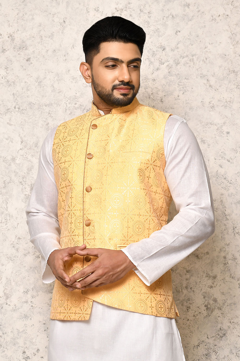 Cream Colour Art Silk Fabric With Digital Printed Nehru Jacket