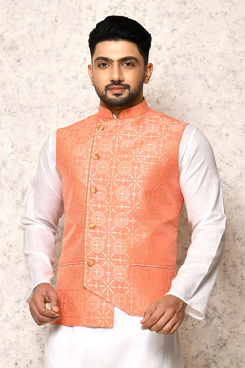 Pink Colour Art Silk Fabric With Digital Printed Nehru Jacket
